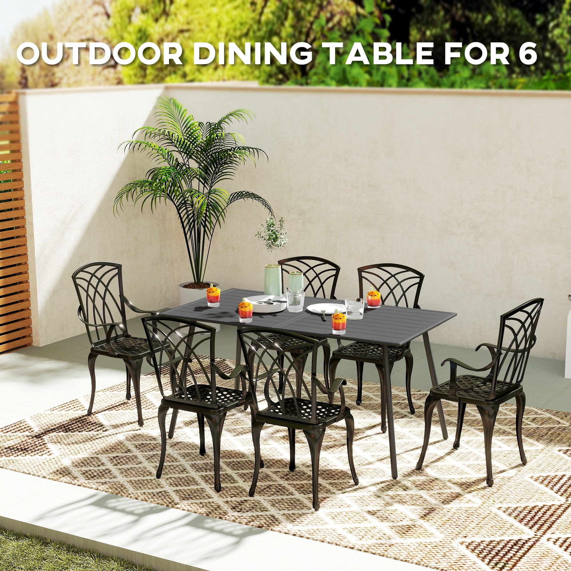 Outsunny Rectangle Garden Table with Slat Top, Steel Frame, Outdoor Table for 6 Person, 150 x 80 x 74 cm, Grey - North Peak Garden Furniture