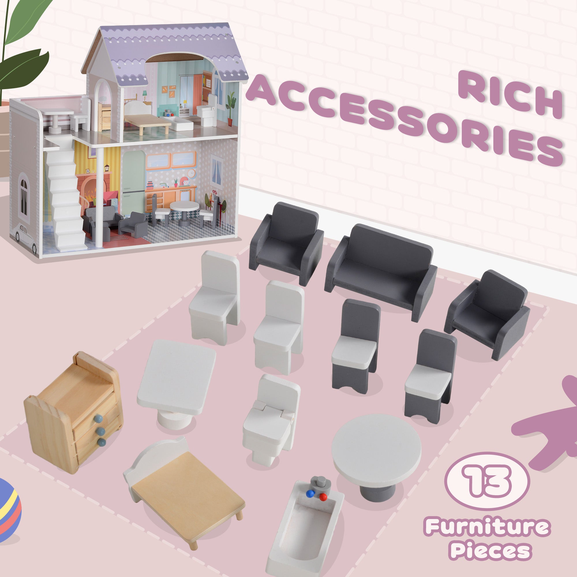 AIYAPLAY 2 Storey Dolls House with 13 Pieces Furniture, Play Set with Balcony, Gift for 3-6 Years Old - North Peak Garden Furniture