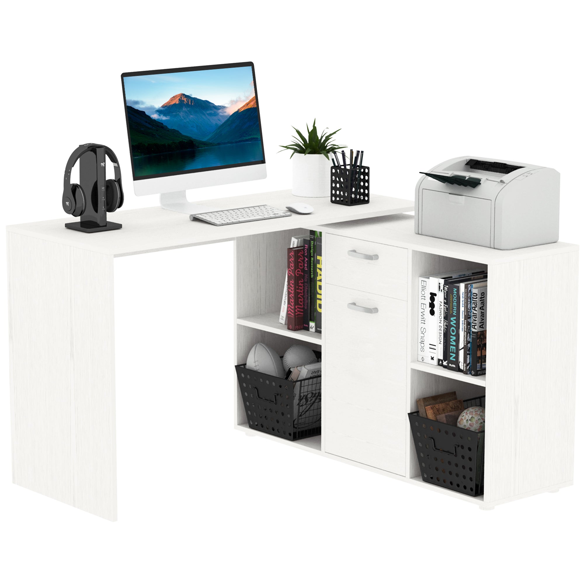 HOMCOM L-Shaped Computer Desk with Storage Compartments, Drawer and Cabinet, Laptop PC Corner Table, Home Office Workstation, 120 x 115 x 76cm, White