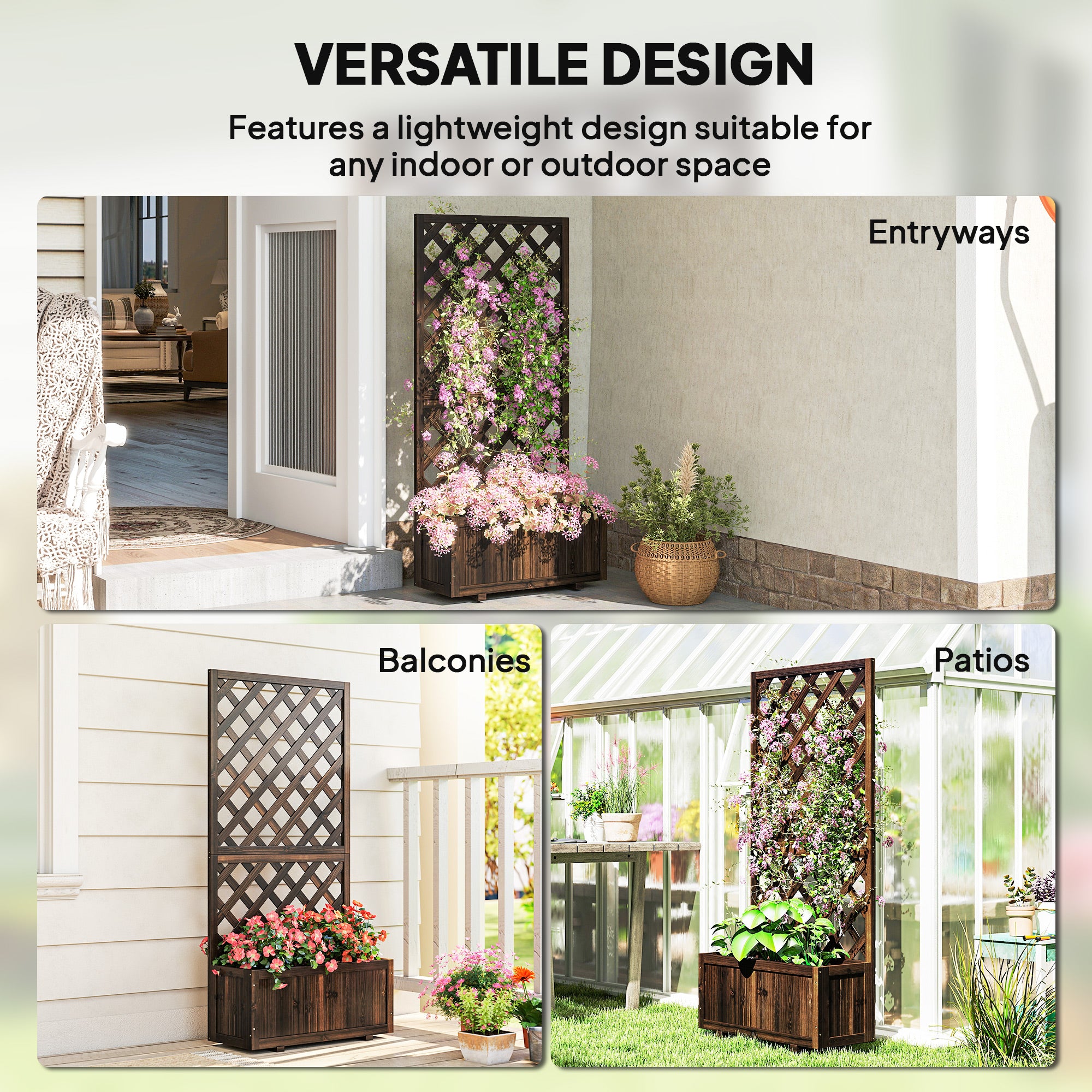 Outsunny 72.5 x 31.5 x 149.5 cm 45L Garden Wooden Pine Trough Planter with Topped Trellis Climbing Plants Flower Raised Bed, Carbonised Finish