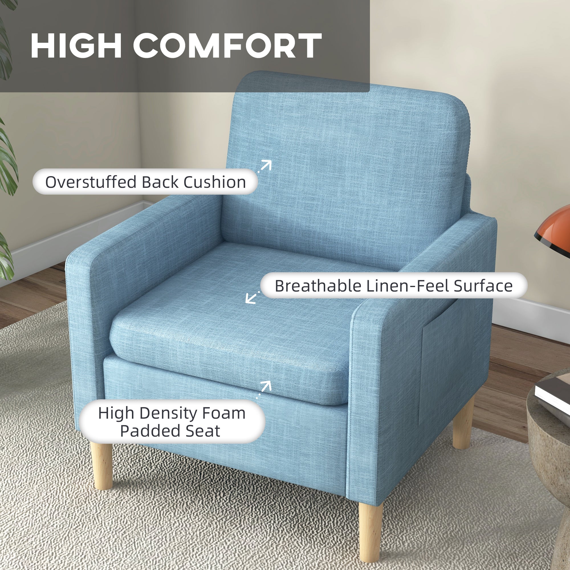 HOMCOM Modern Accent Chair, Comfy Fireside Chair, Upholstered Armchair for Living Room, Bedroom, Home Office, Blue - North Peak Garden Furniture