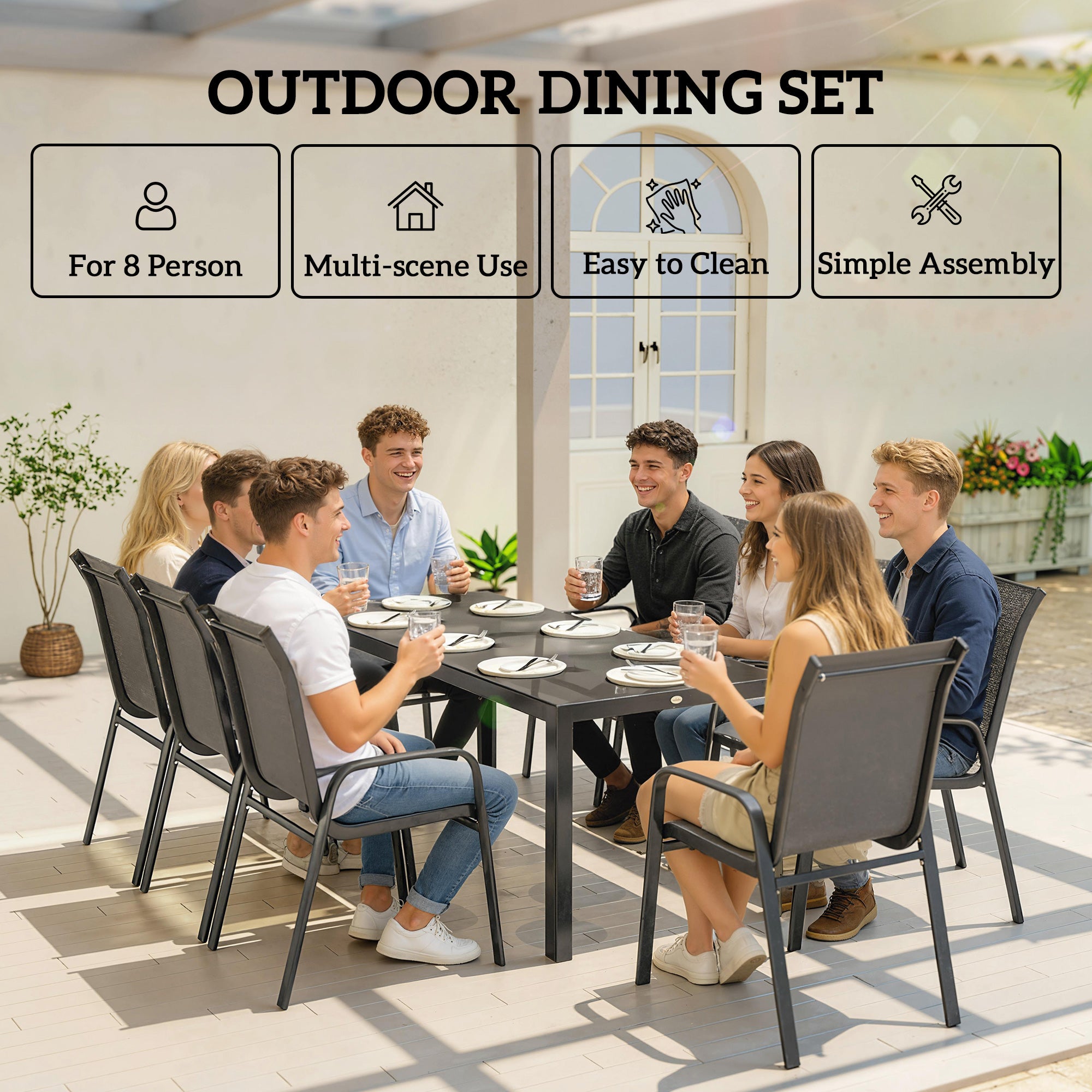 Outsunny 9 Pieces Garden Dining Set, Outdoor Table and Chairs Set for 8, Garden Furniture Set with Tempered Glass Top, Dark Grey