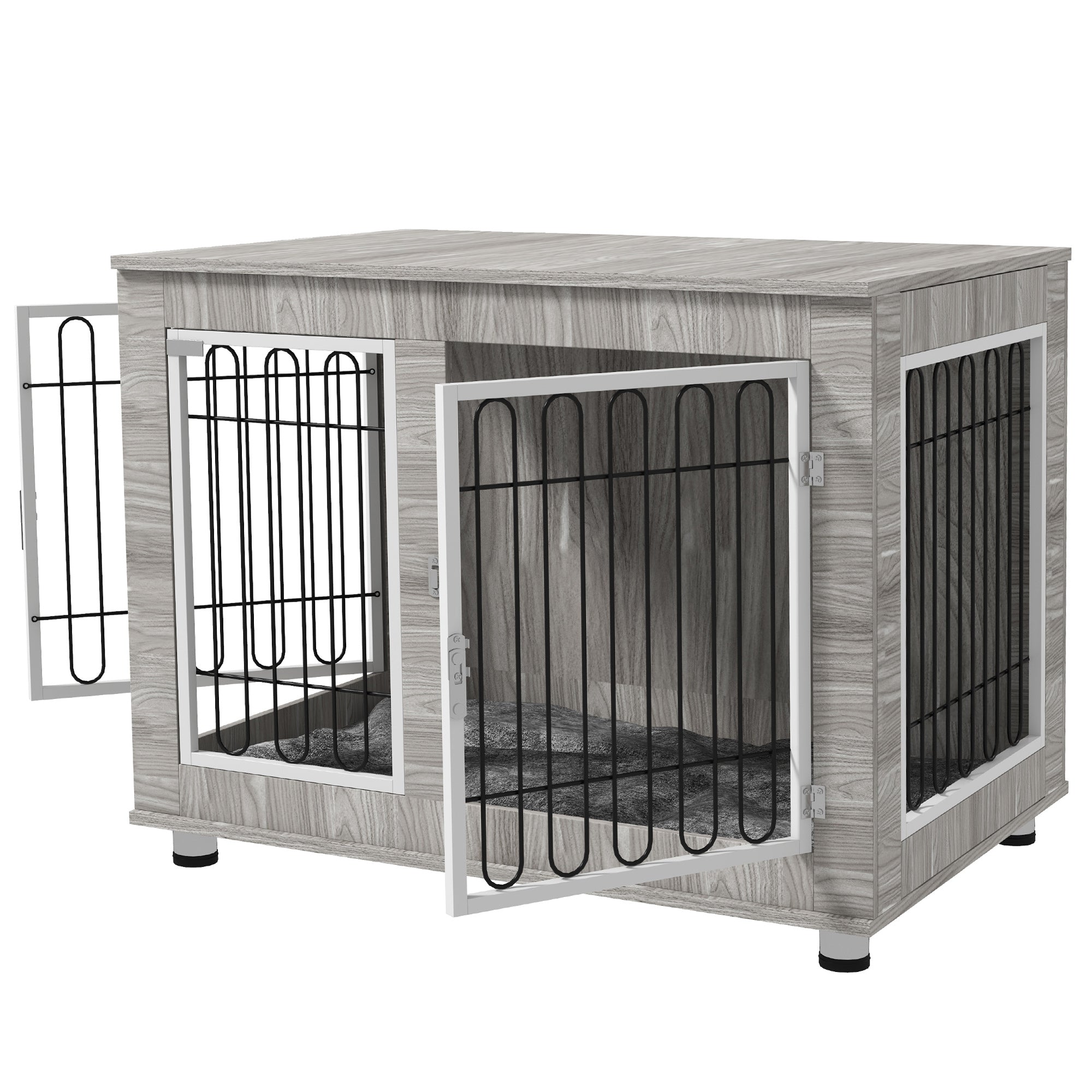 PawHut Indoor Dog Kennel w/ Soft Cushion, Double Door for Large Dogs, 106 x 74 x 81.5cm, Grey - North Peak Garden Furniture