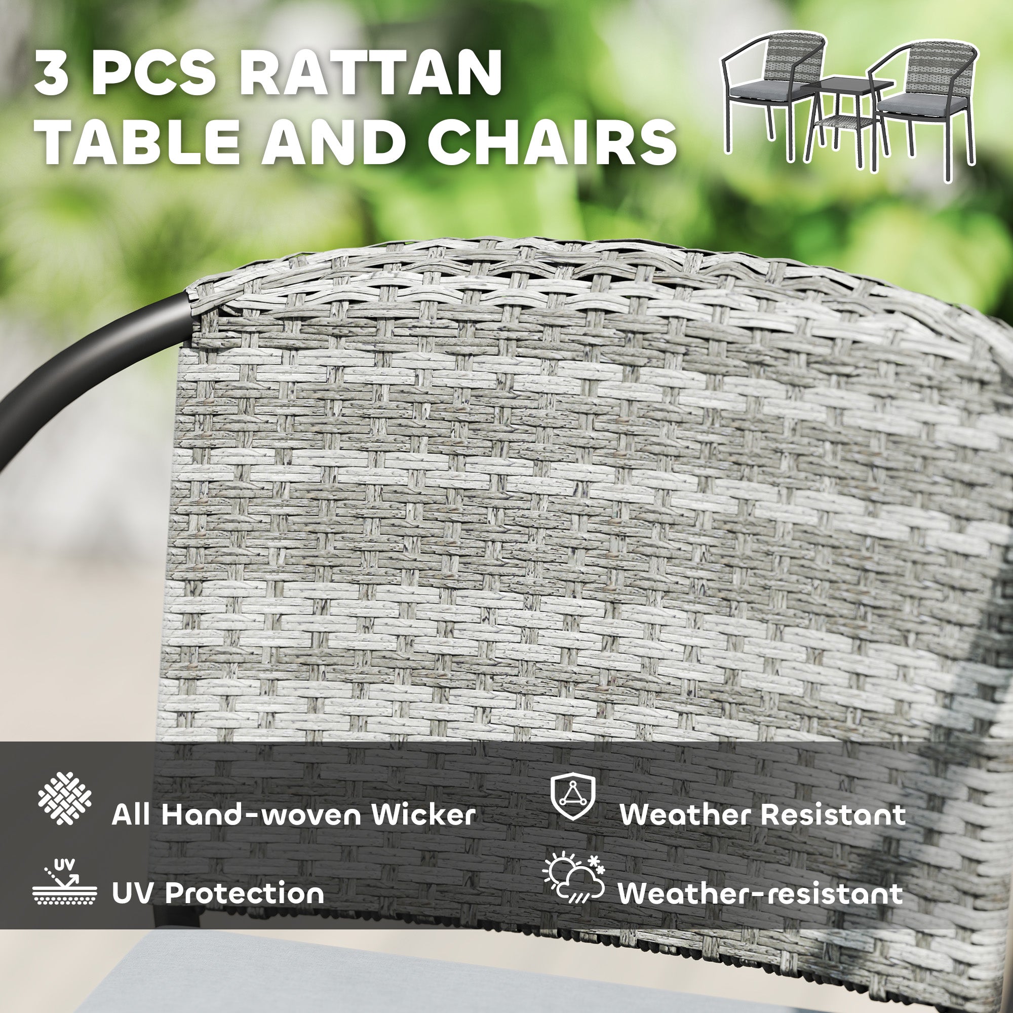 Outsunny 3 Pieces Rattan Bistro Set with Cushions, Wicker Garden Furniture Set, Glass Top Coffee Table and Chairs for Outdoor Patio, Balcony, Terrace and Conservatory, Grey - North Peak Garden Furniture