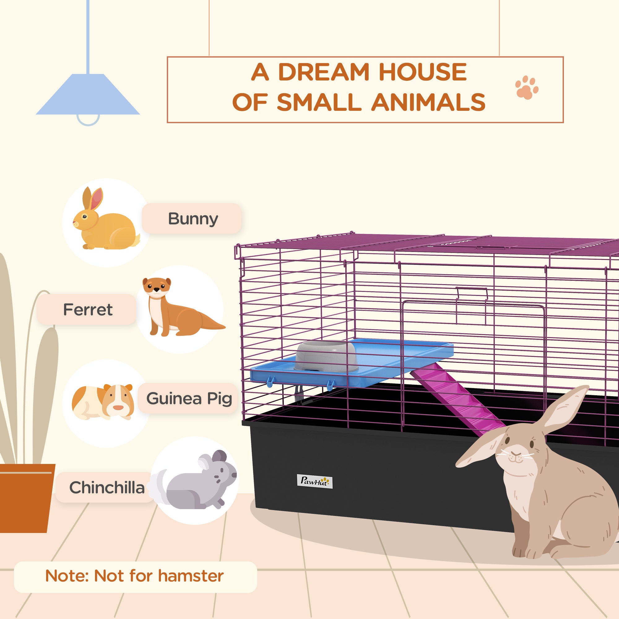 PawHut Chinchillas Small Rabbit Guinea Pig Small Animal Cage, Pet Playhouse, with Platform, Ramp, 99 x 52 x 53cm, Black