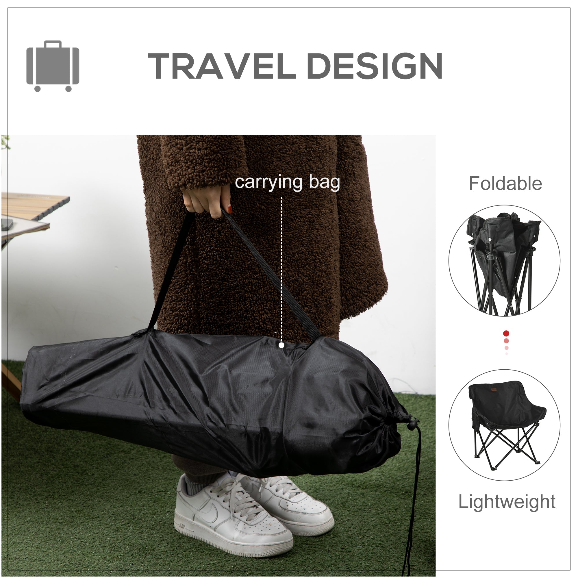 Outsunny Camping Chair, Lightweight Folding Chair with Carrying Bag and Storage Pocket, Perfect for Festivals, Fishing, Beach and Hiking, Black - North Peak Garden Furniture