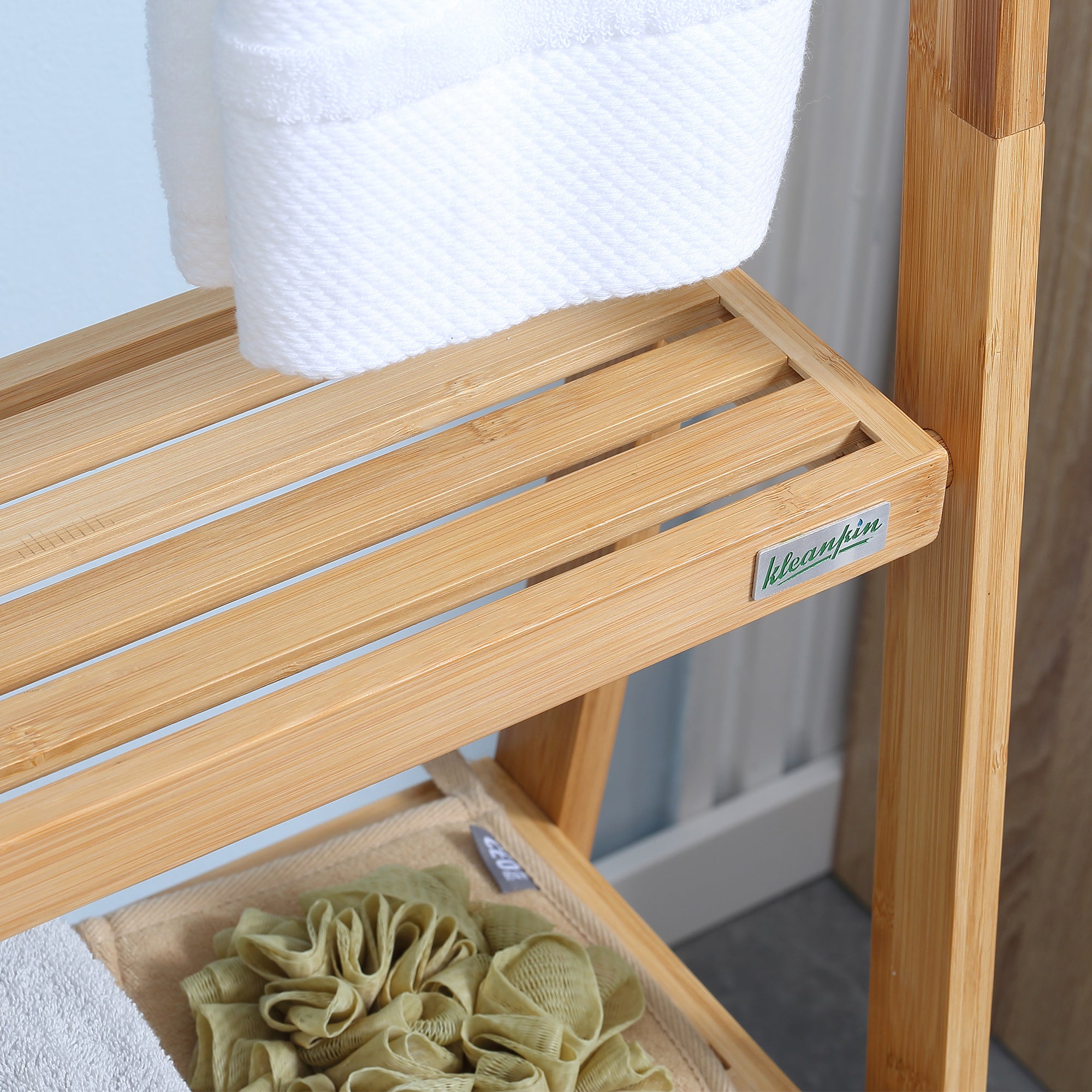 kleankin Freestanding Natural Bamboo Towel Rack with 3 Towel Rails and 3 Storage Shelves, Space-Saving Foldable Towel Holder for Bathroom - North Peak Garden Furniture