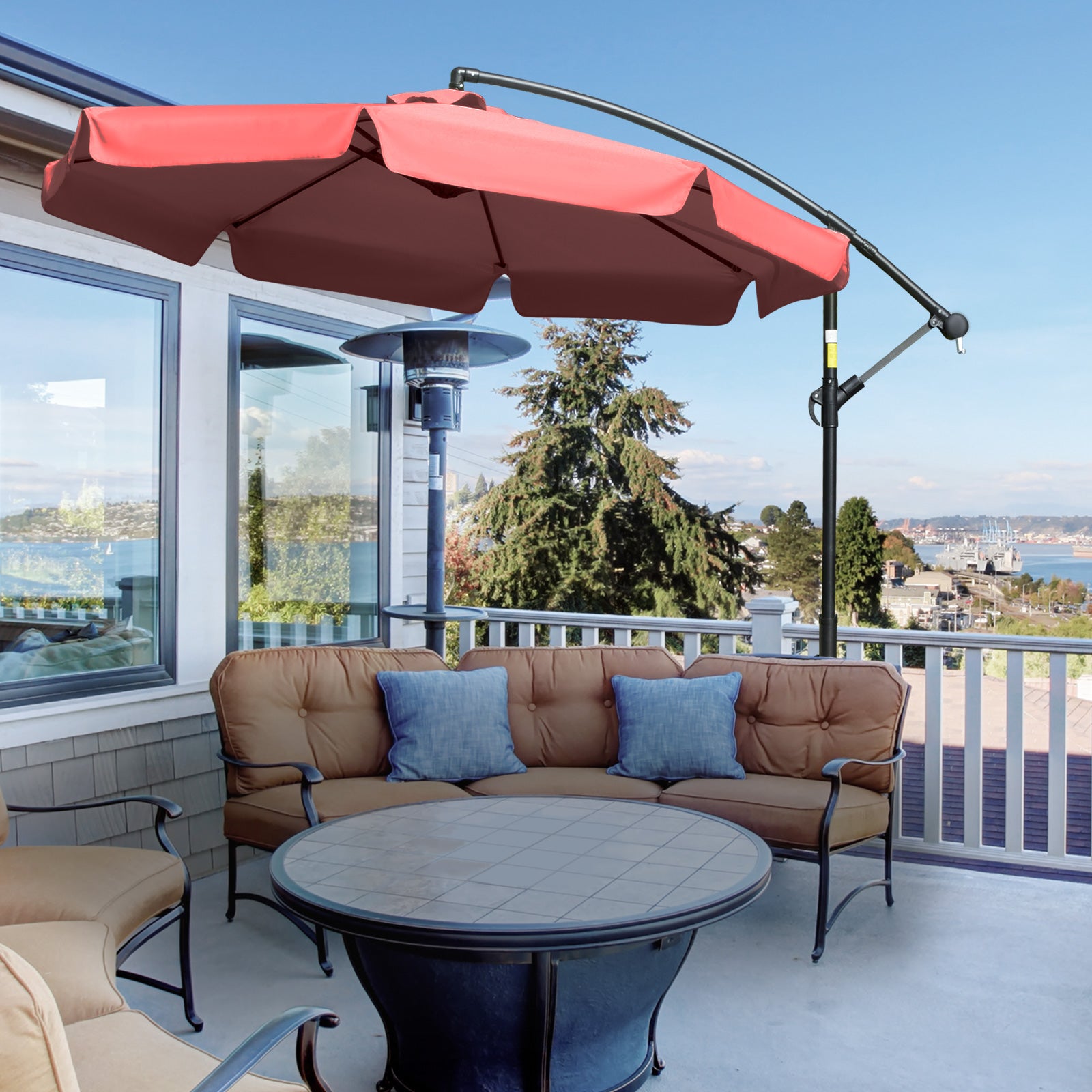 Outsunny 2.7m Garden Banana Parasol Cantilever Umbrella with Crank Handle and Cross Base for Outdoor, Hanging Sun Shade, Wine Red - North Peak Garden Furniture