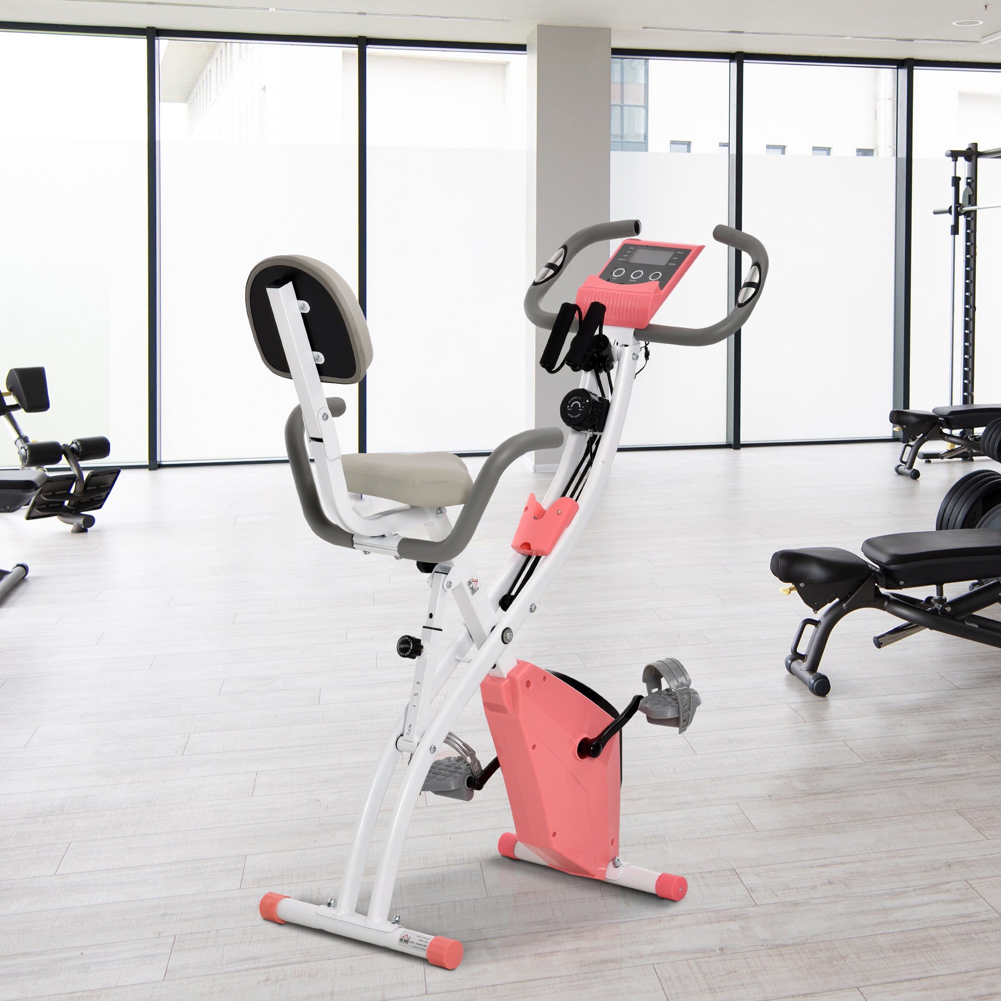 HOMCOM 2-in-1 Folding Exercise Bike with 8-Level Magnetic Resistance, Arm Resistance Band, Pulse Sensor, Pink - North Peak Garden Furniture