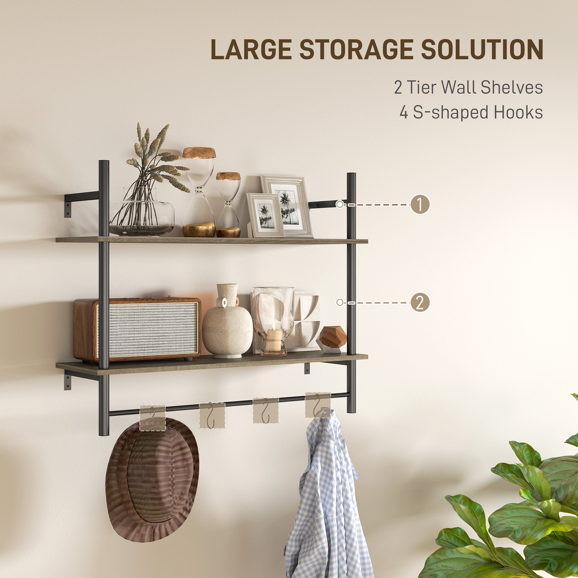 HOMCOM Wall Mounted Floating Shelves with 4 Hooks, Rustic Wall Shelf Unit for Living Room, Entryway, Grey - North Peak Garden Furniture
