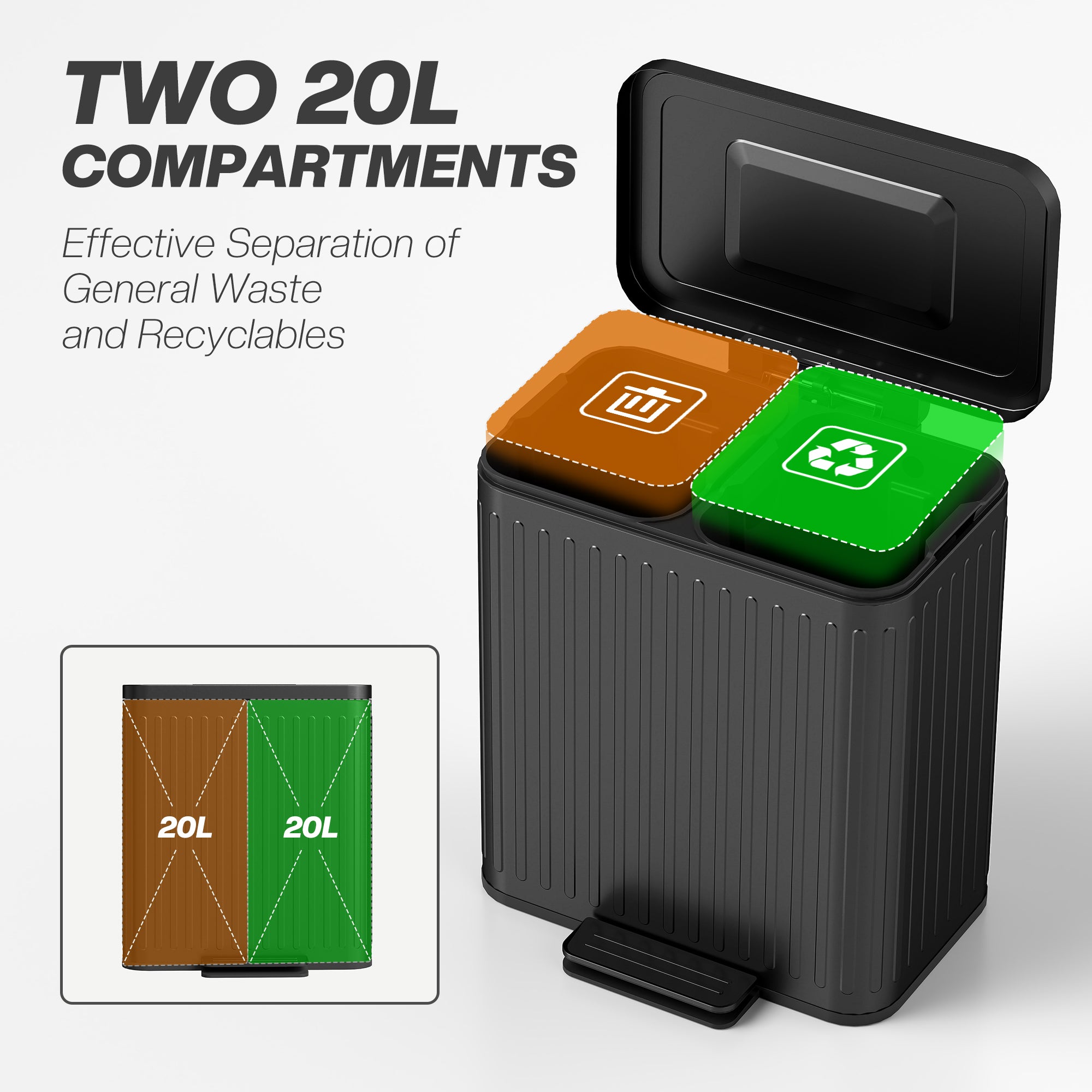 HOMCOM 40L Dual Compartment Rubbish Bin, with Soft-Close Lid - Black - North Peak Garden Furniture