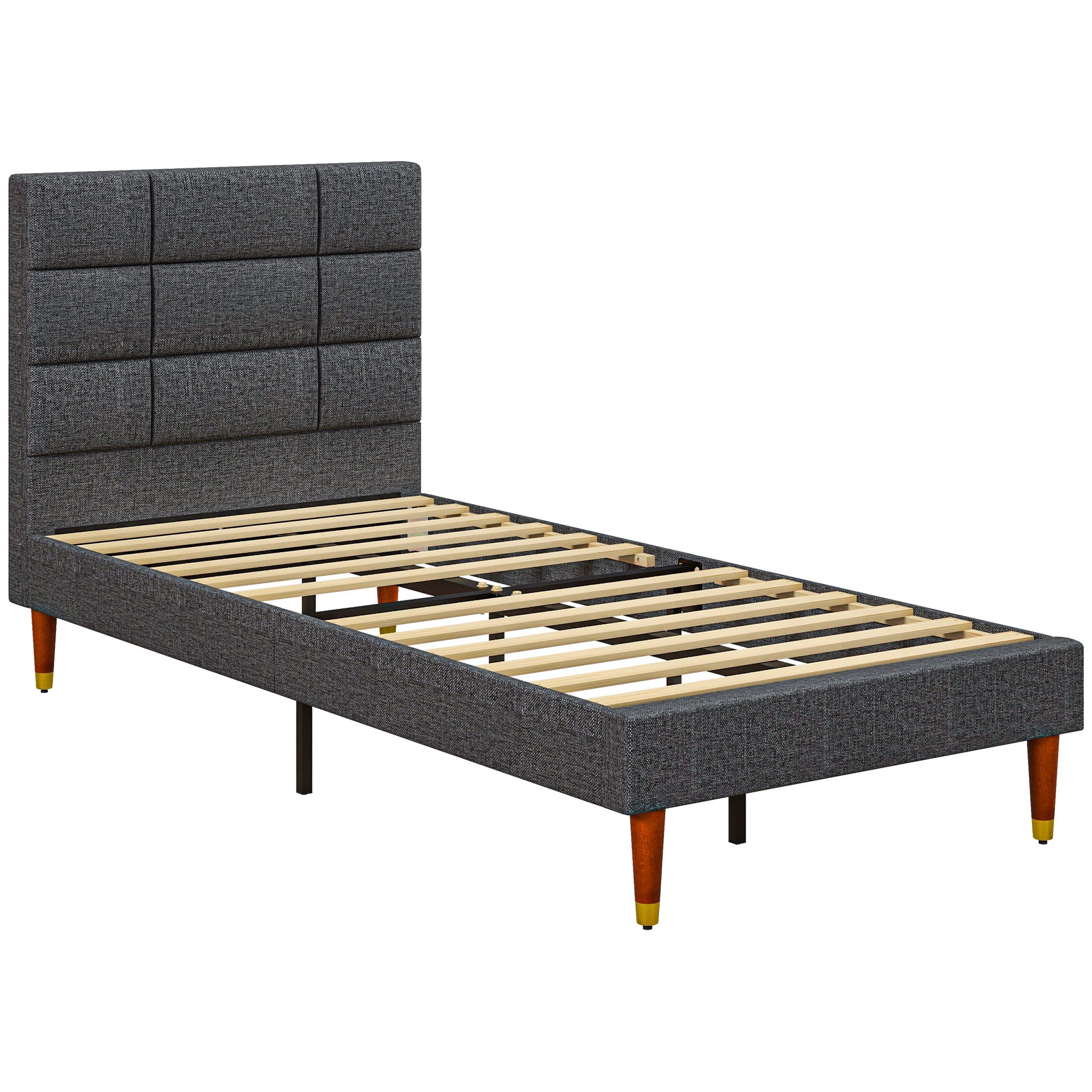 HOMCOM Upholstered Single Bed Frame, with Slats - Grey - North Peak Garden Furniture