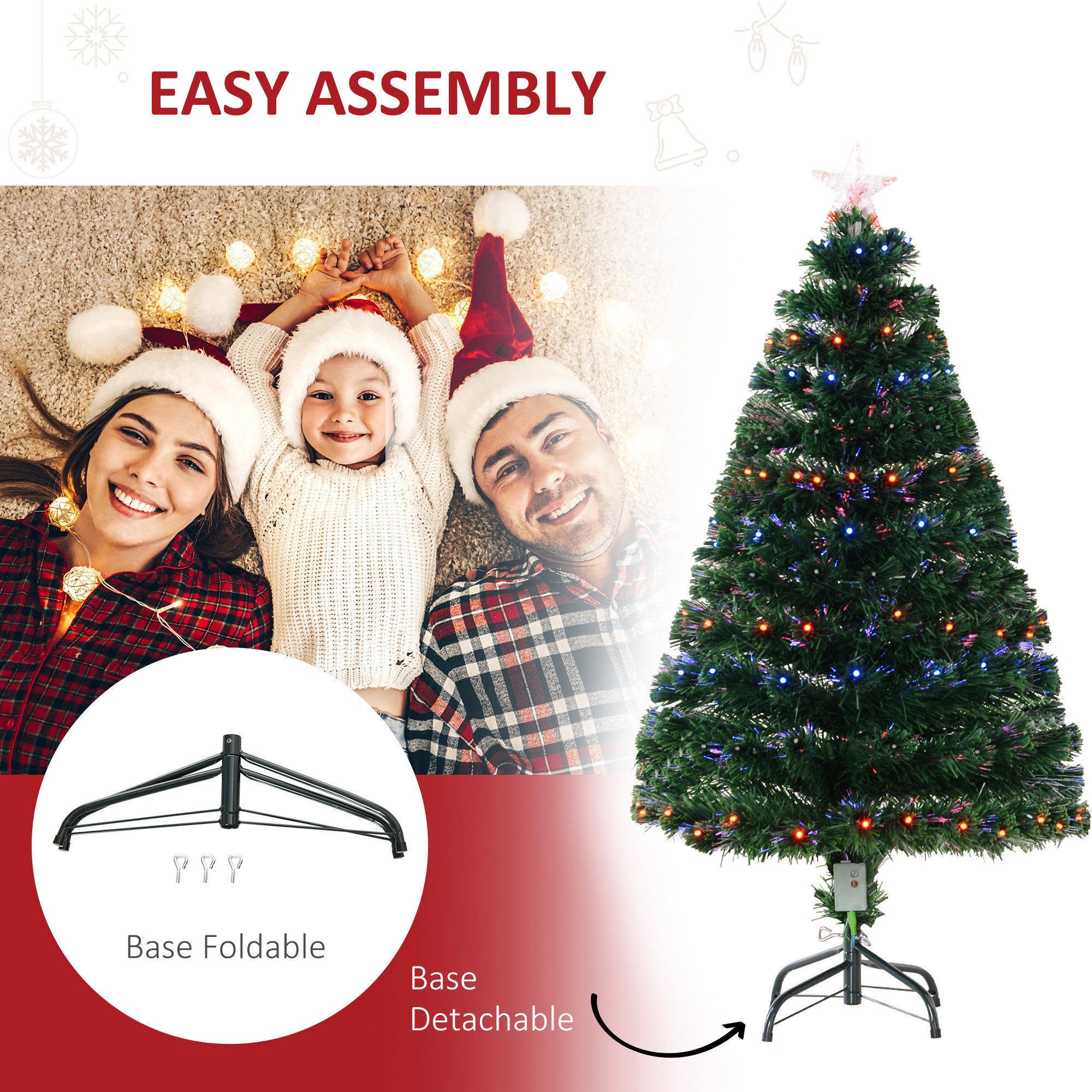 HOMCOM 4 Feet Prelit Artificial Christmas Tree with Multi-Coloured Fiber Optic LED Light, Holiday Home Xmas Decoration, Green - North Peak Garden Furniture