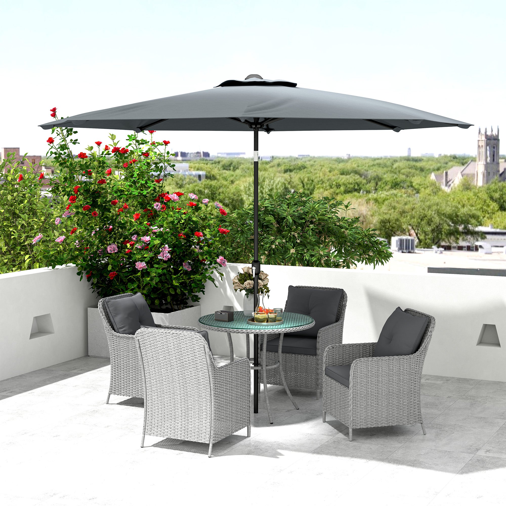 Outsunny 4 Seater Rattan Dining Set with Parasol & Cushions - Light Grey - North Peak Garden Furniture
