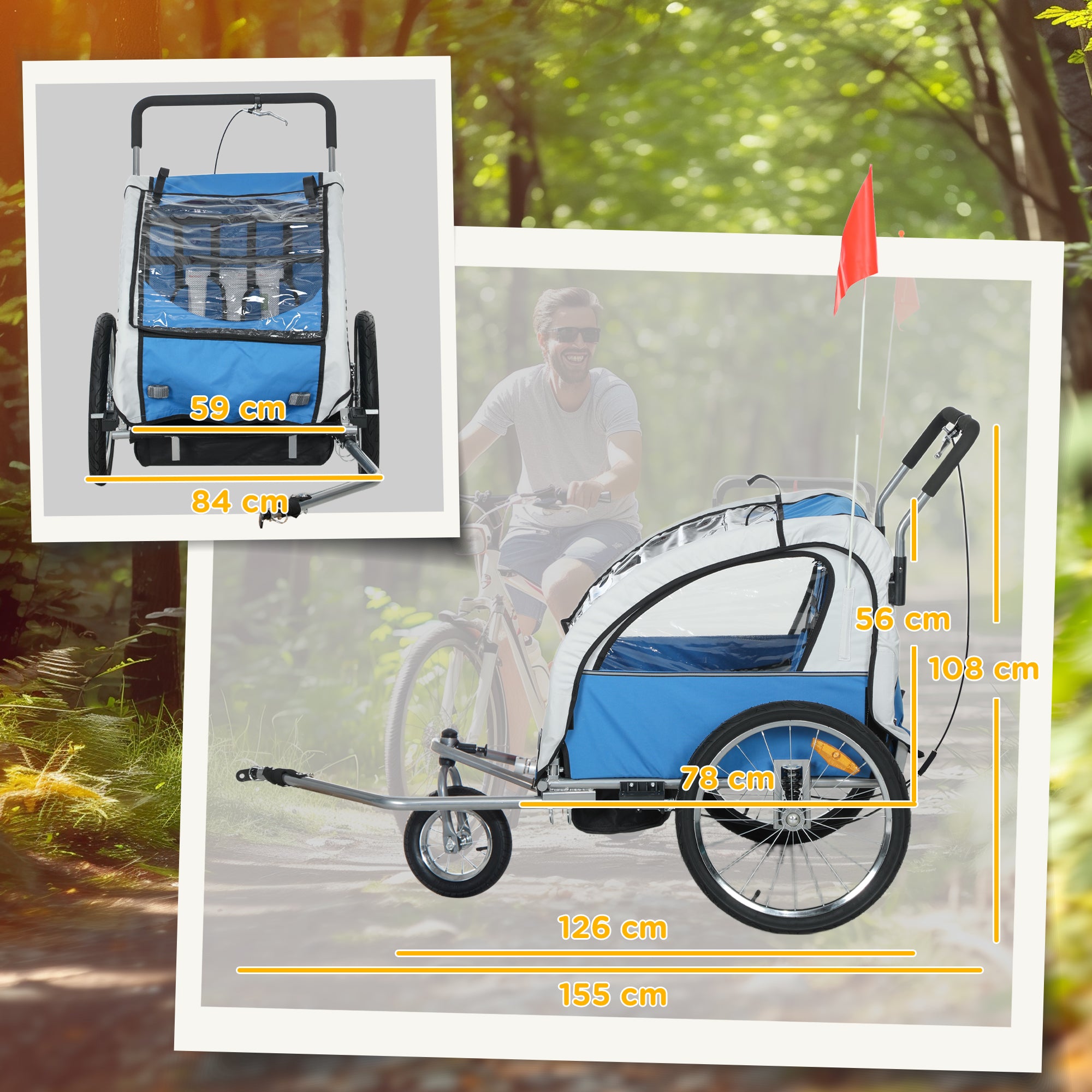 HOMCOM 2 Seat Bike Trailer with 5 Point Harness, Baby Bike Stroller with Safety Flag, Reflectors, for 18+ Months, Blue - North Peak Garden Furniture