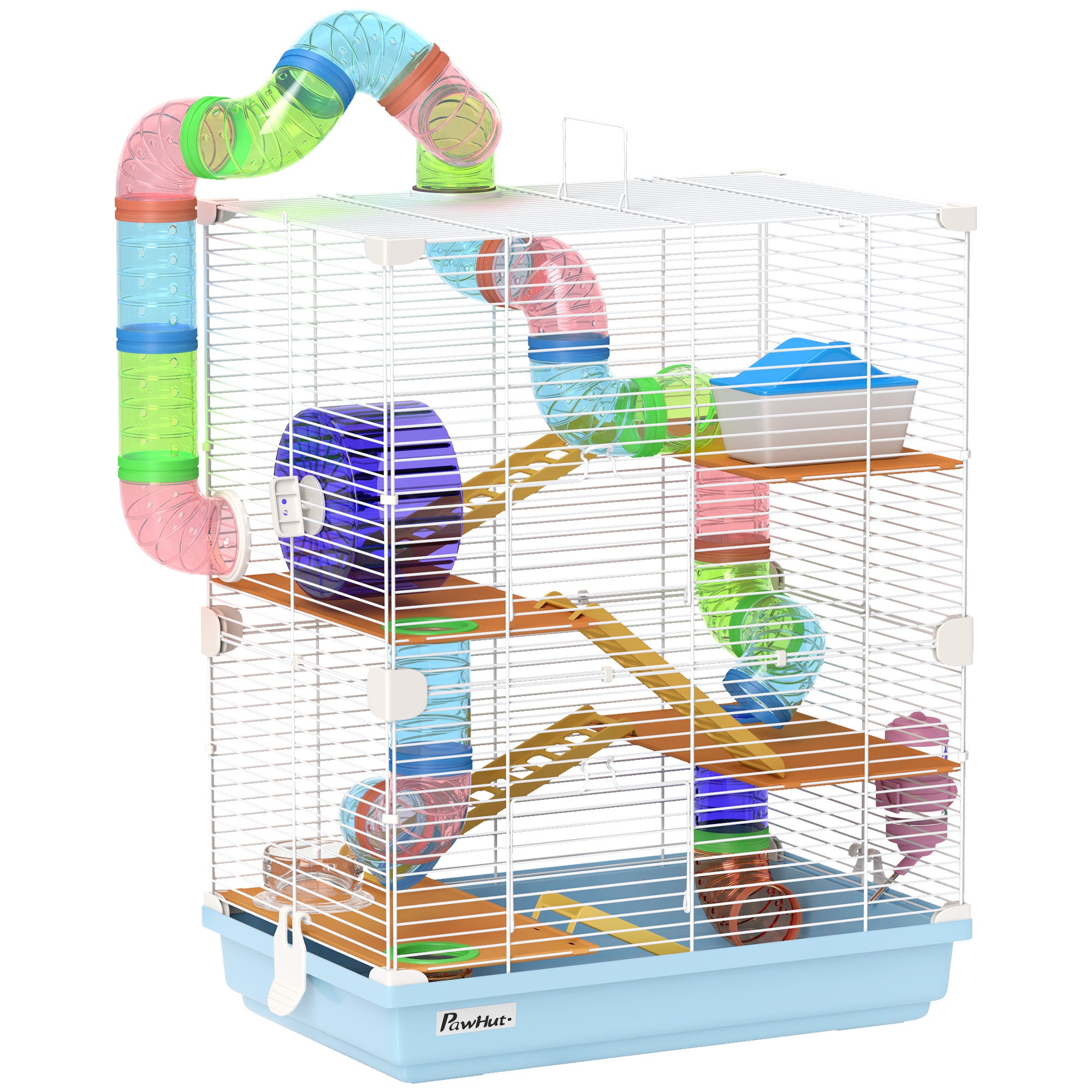 PawHut 5 Tier Hamster Cage Carrier Habitat w/ Exercise Wheels, Tunnel, Light Blue - North Peak Garden Furniture