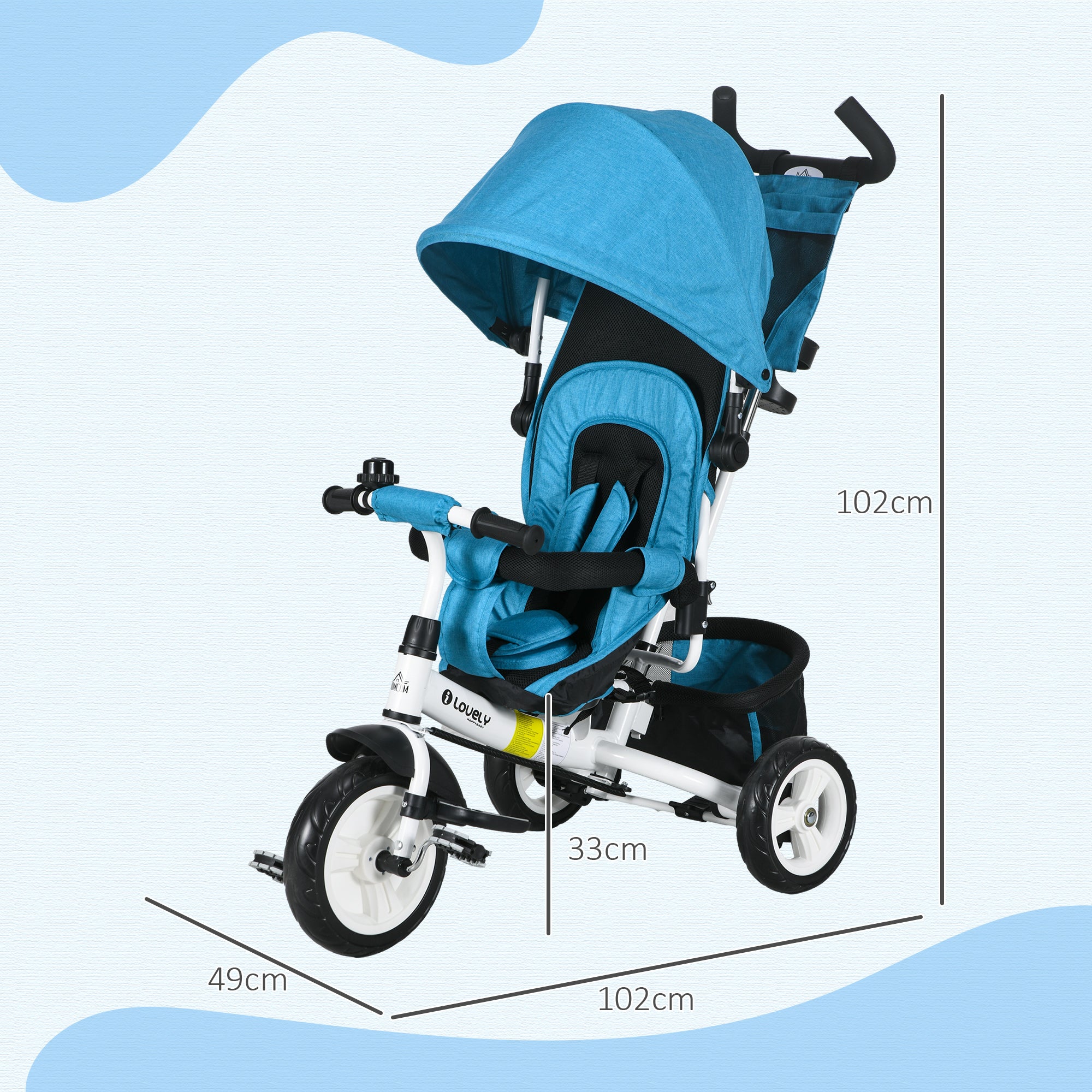 HOMCOM 6 in 1 Kids Trike Push Bike w/ Push Handle, Canopy, 5-point Safety Belt, Storage, Footrest, Brake, for 1-5 Years, Blue - North Peak Garden Furniture