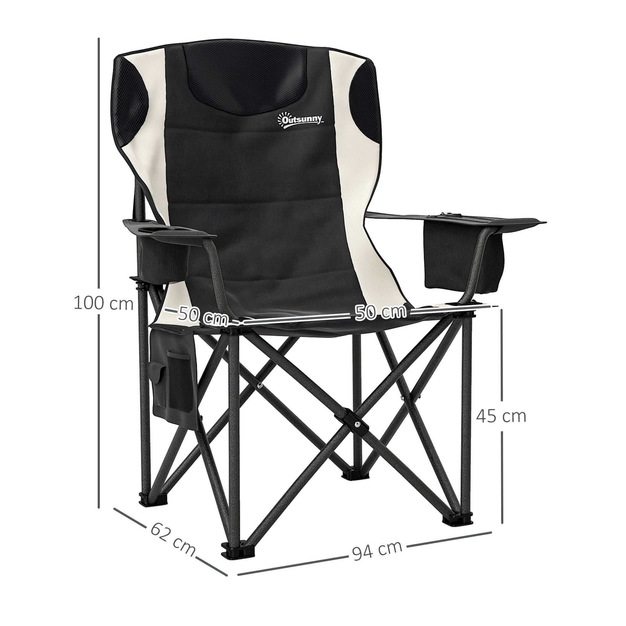 Outsunny Set of 2 Folding Camping Chairs, Padded Camping Chairs with Adjustable Armrests, Portable & Lightweight Folding Camp Chair with Cooler Bag, Cup Holder and Side Pockets, Black - North Peak Garden Furniture