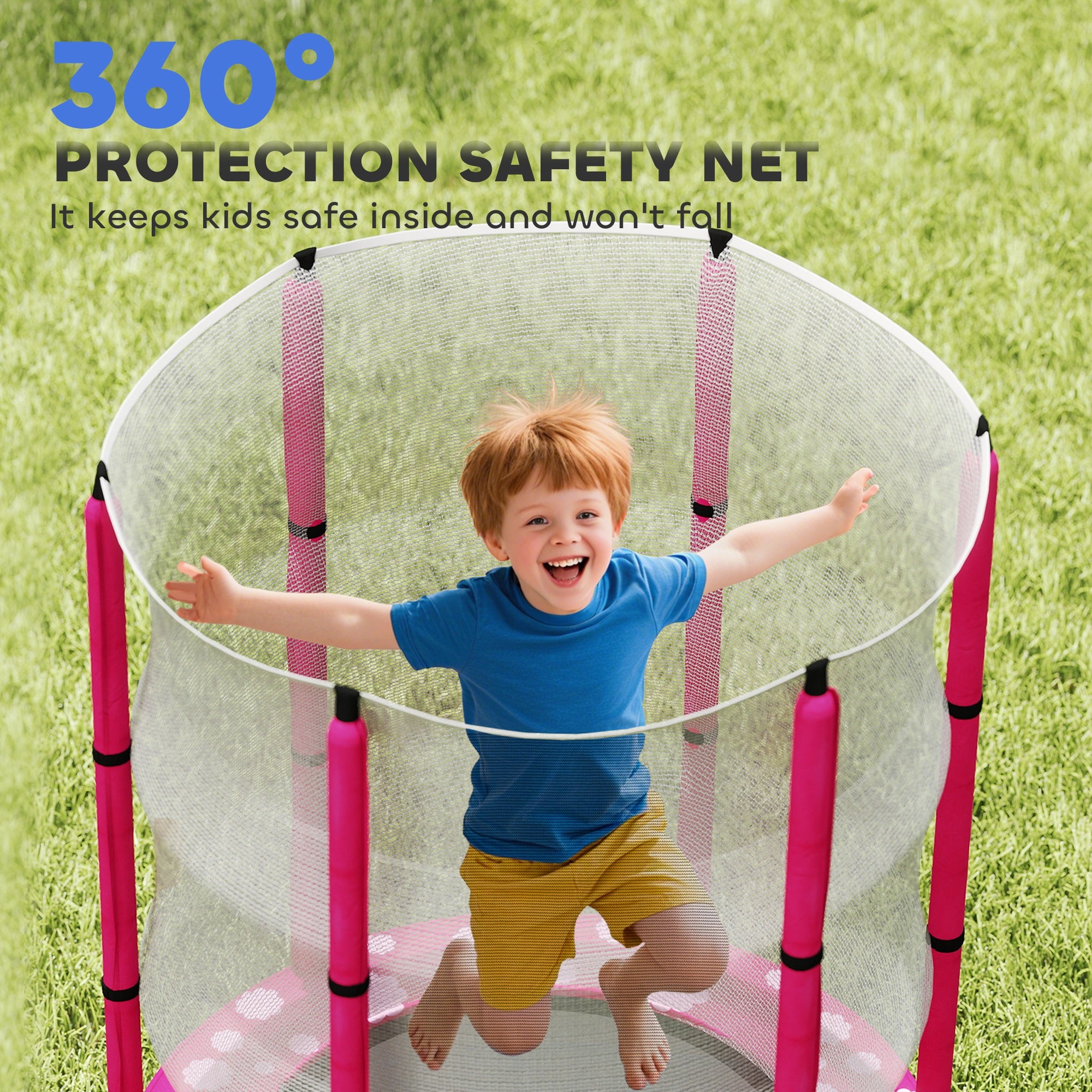 AIYAPLAY 4.6FT Toddler Trampoline w/ Safety Enclosure Net, for Indoor Outdoor Use, Ages 3-6 Years, Sun Pattern - Pink