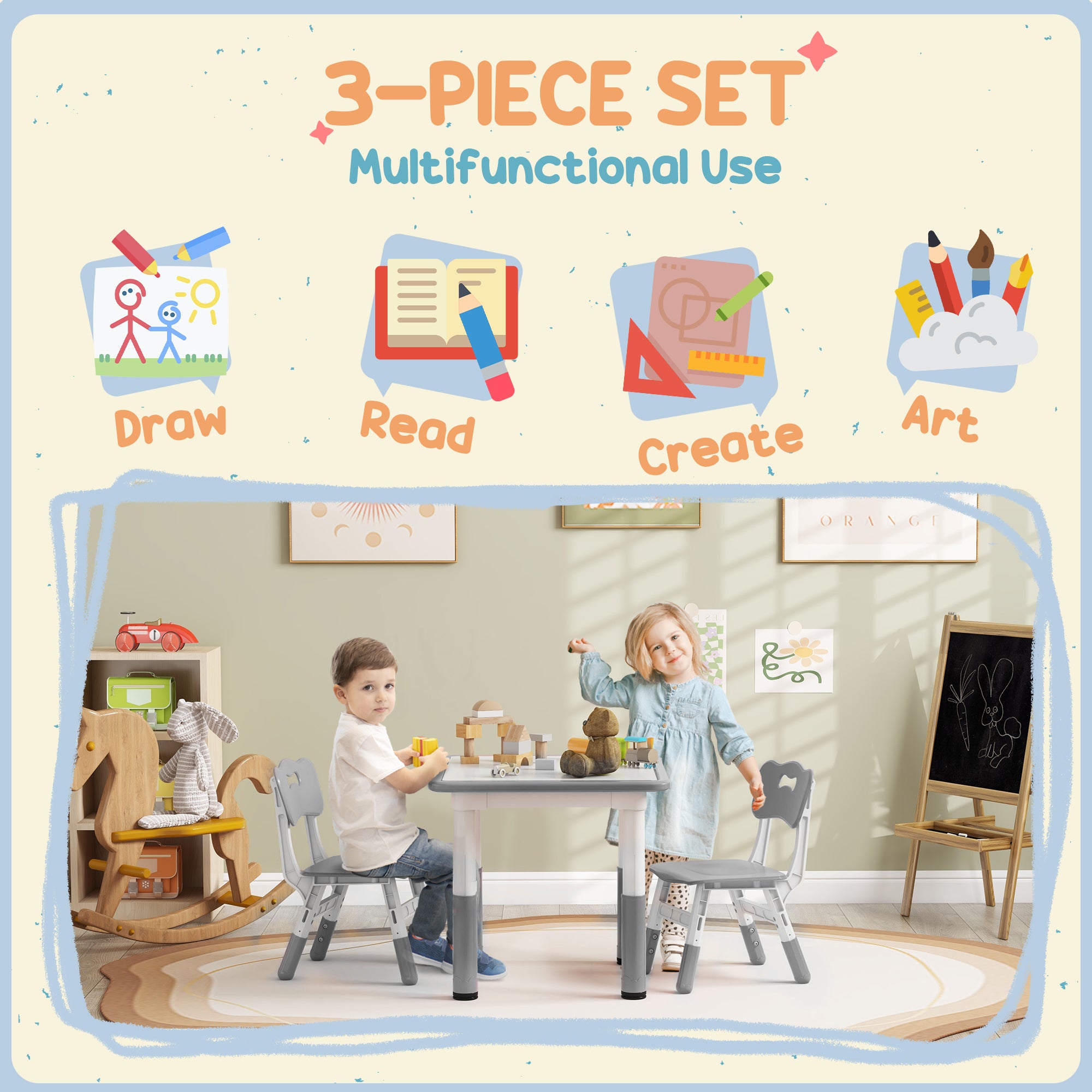 AIYAPLAY Height Adjustable Toddler Table and Chair Set, 3 Pcs Children Activity Table w/ 2 Chairs, for Playroom, Bedroom - Grey - North Peak Garden Furniture