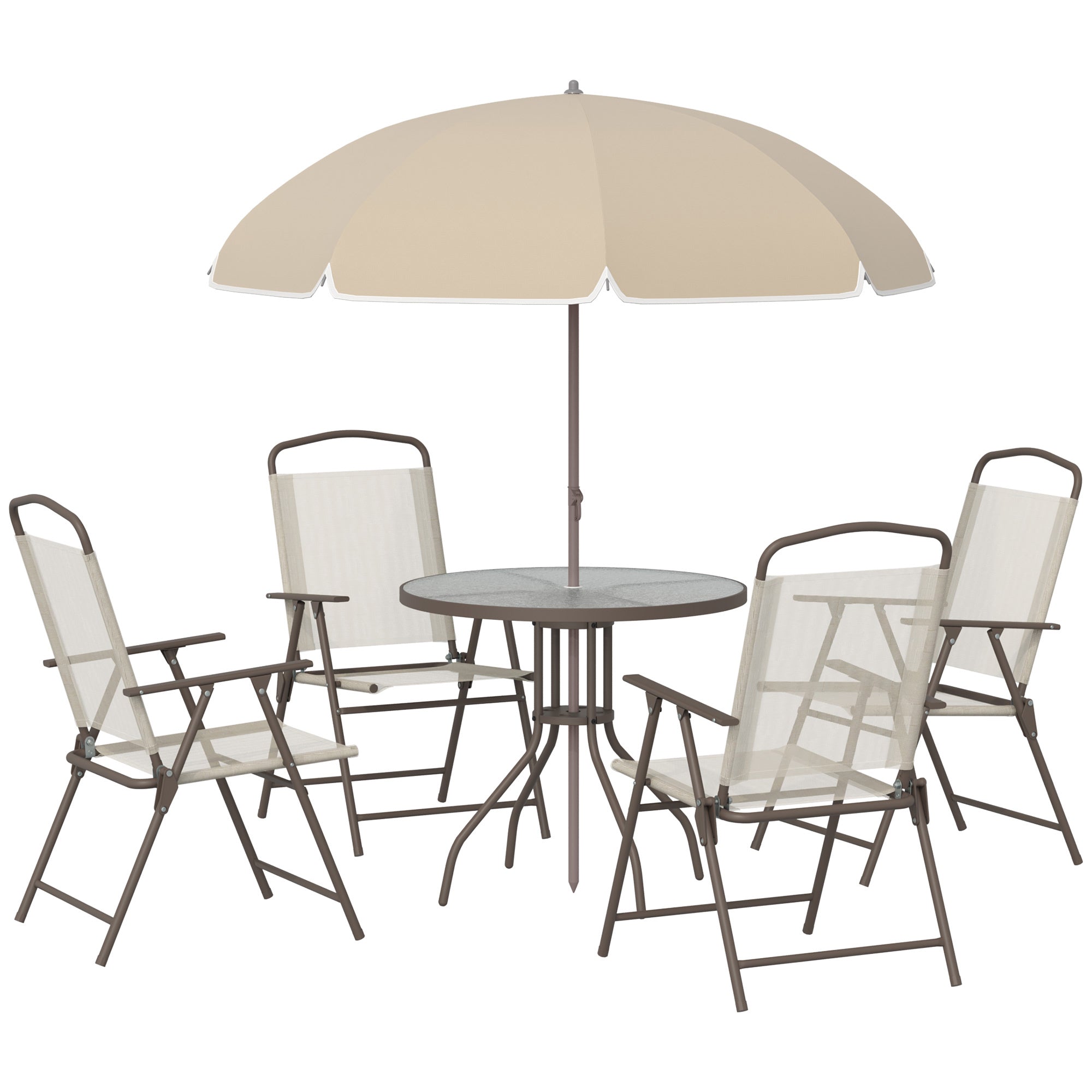 Outsunny Garden Patio Texteline Folding Chairs Plus Table and Parasol Furniture Bistro Set 6 Pieces - Coffee/Cream