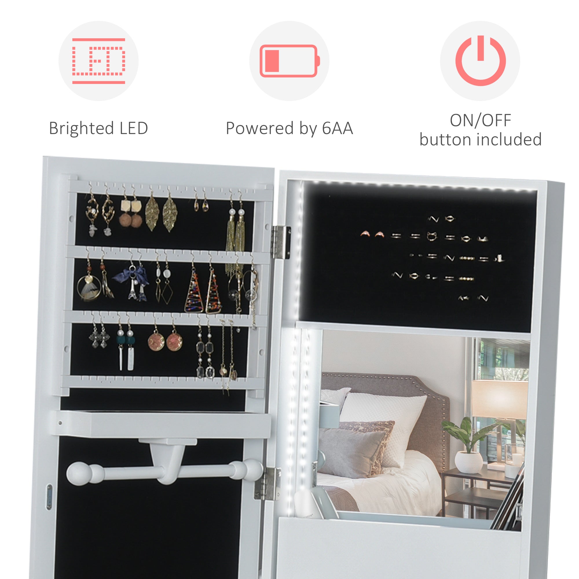 HOMCOM Jewellery Cabinet, Standing Mirror with LED Lights, Full-Length Mirror with Storage Drawers, Hooks and Shelves, Make-Up Armoire, Jewellery Organiser for Bedroom, White - North Peak Garden Furniture