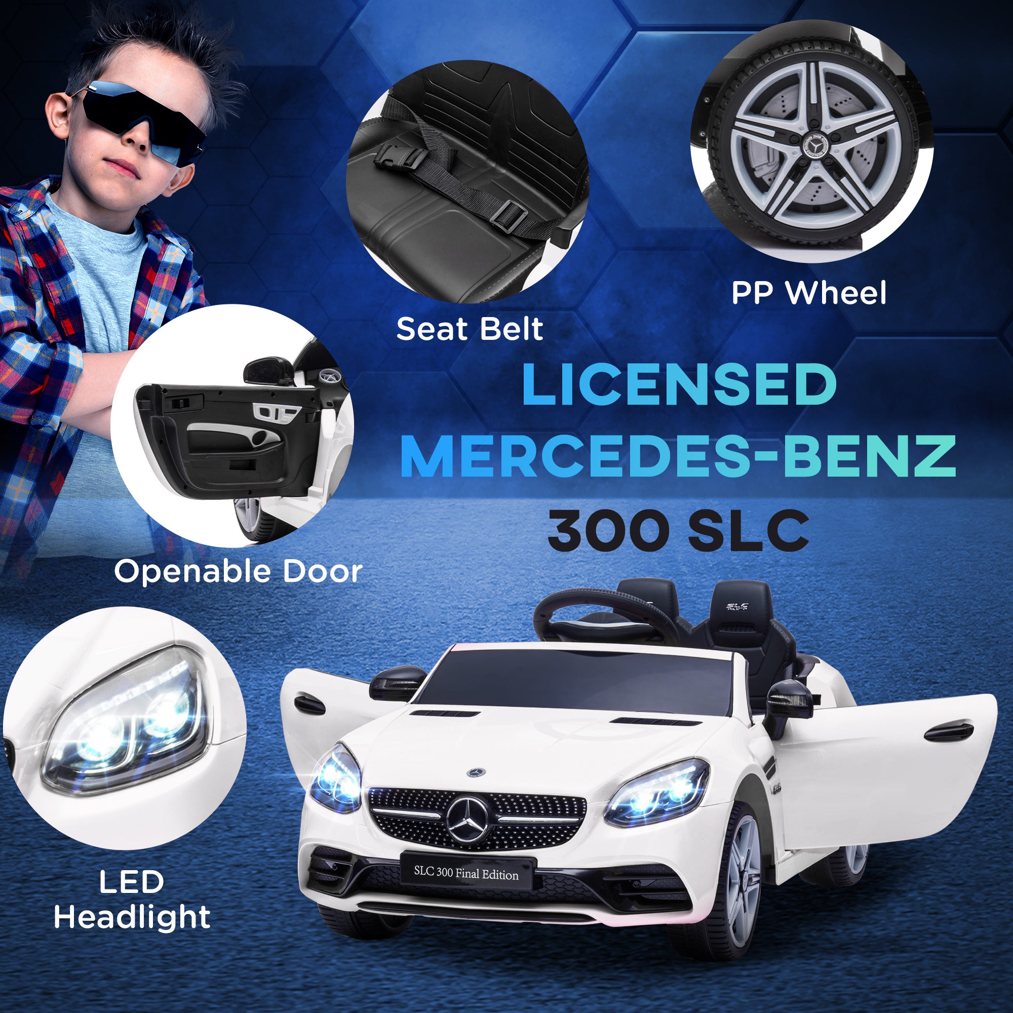 AIYAPLAY Benz SLC 300 Licensed 12V Kids Electric Ride On Car with Parental Remote Two Motors Music Lights Suspension Wheels for 3-6 Years White - North Peak Garden Furniture