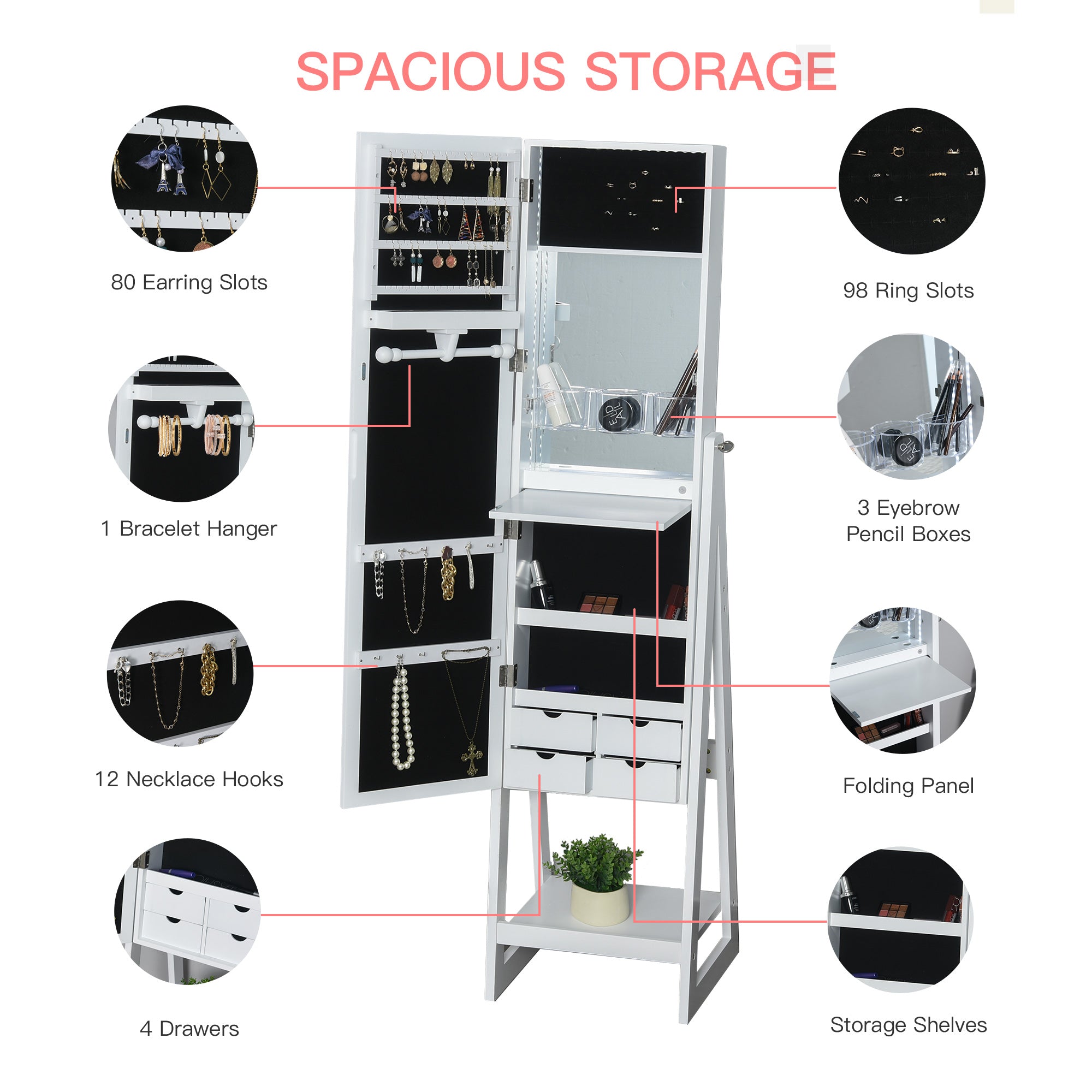 HOMCOM Jewellery Cabinet, Standing Mirror with LED Lights, Full-Length Mirror with Storage Drawers, Hooks and Shelves, Make-Up Armoire, Jewellery Organiser for Bedroom, White - North Peak Garden Furniture