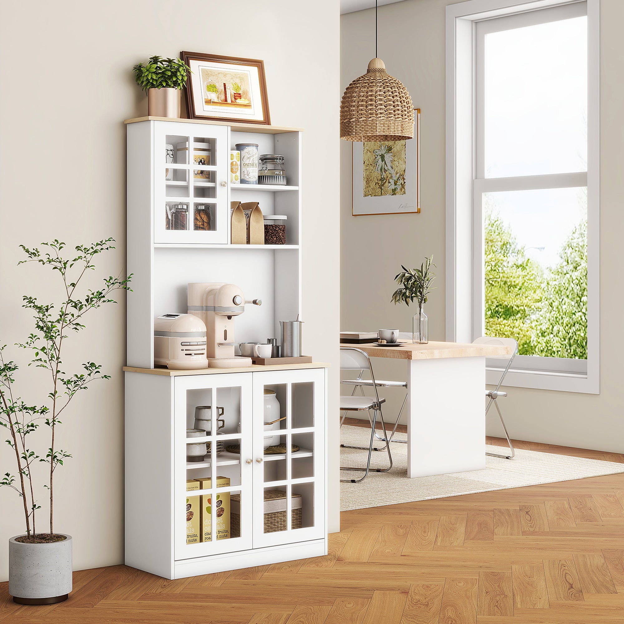 HOMCOM Freestanding Kitchen Cupboard, Storage Cabinet with Doors and Adjustable Shelves, Counter Top, Grid Glass Doors, 80L x 37W x 183H cm - White - North Peak Garden Furniture