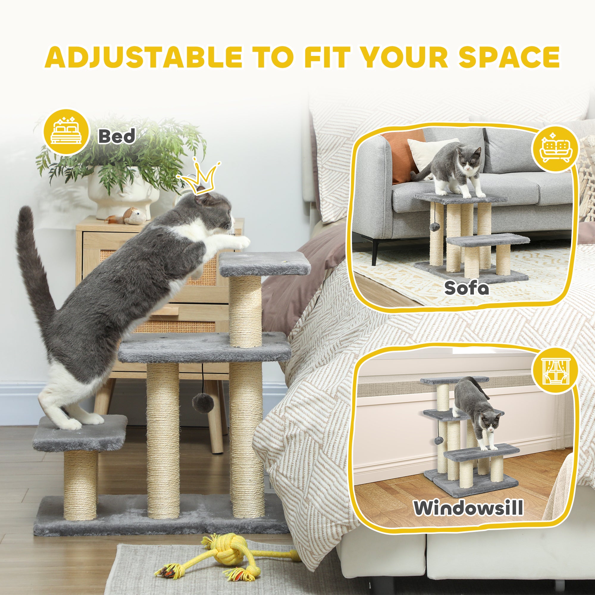 PawHut Pet Steps for Bed, 3 Step Adjustable Pet Stairs for Sofa with 6 Sisal Scratching Posts for Small Dogs & Cats, Grey