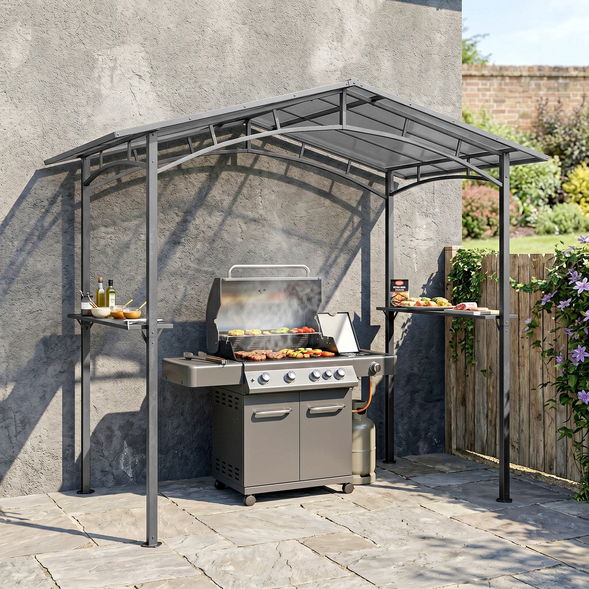 Outsunny 8ft x 5ft Outdoor BBQ Protective Gazebo Tent Aluminium Steel Frame w/ 2 Shelves Hardtop Roof Canopy Ground Stakes Safe Cooking