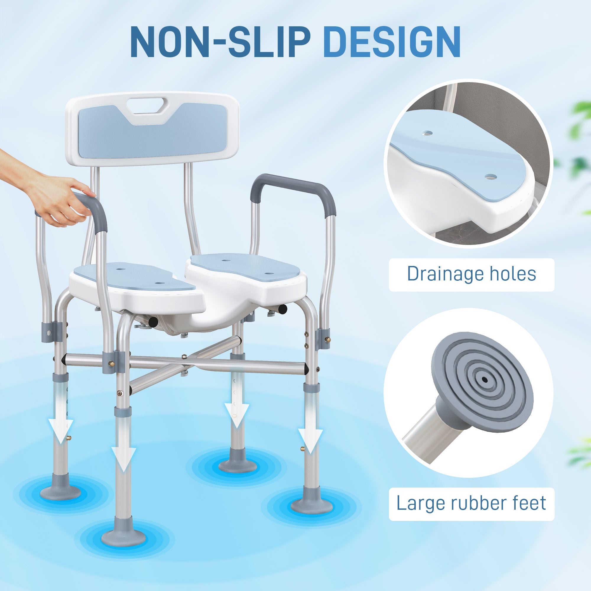 HOMCOM Aluminium Shower Chair, with Padded Seat - Light Blue - North Peak Garden Furniture