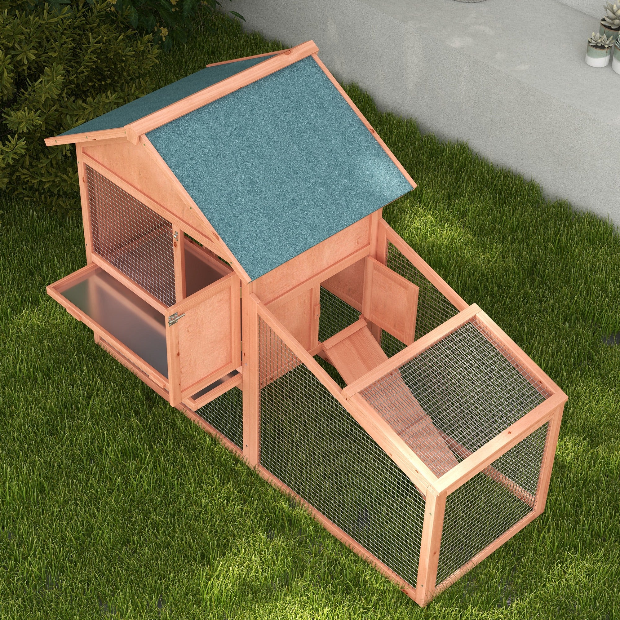 PawHut 2 Tier Rabbit Hutch Outdoor, Guinea Pig Hutch, Solid Wood Bunny House, Water Resistant Asphalt Roof Ramp Sliding tray 144 x 64.5 x 100 cm - North Peak Garden Furniture