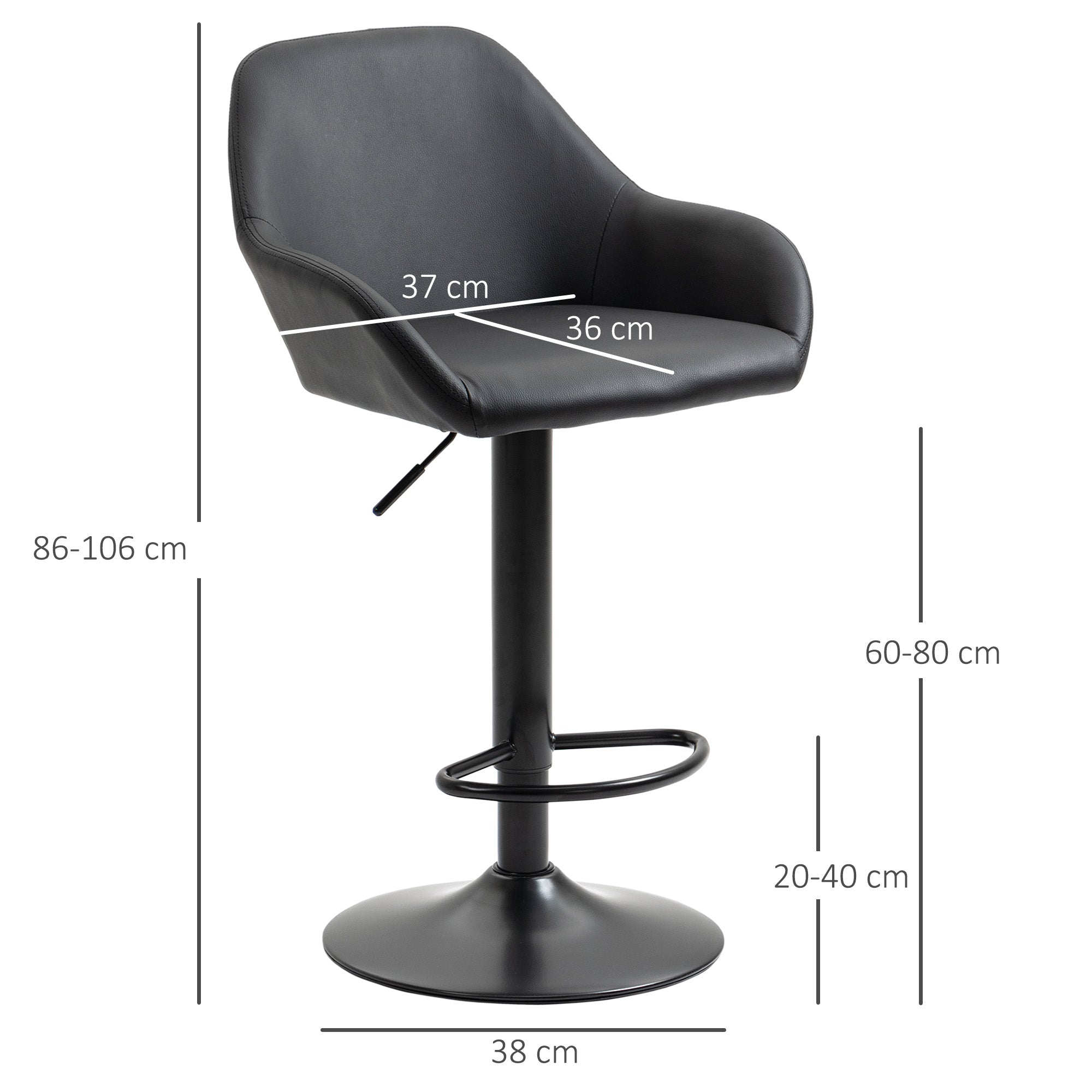 HOMCOM Adjustable Bar Stools Set of 2, Swivel Barstools with Footrest and Backrest, PU Leather and Steel Base, for Kitchen Counter and Dining Room, Black - North Peak Garden Furniture