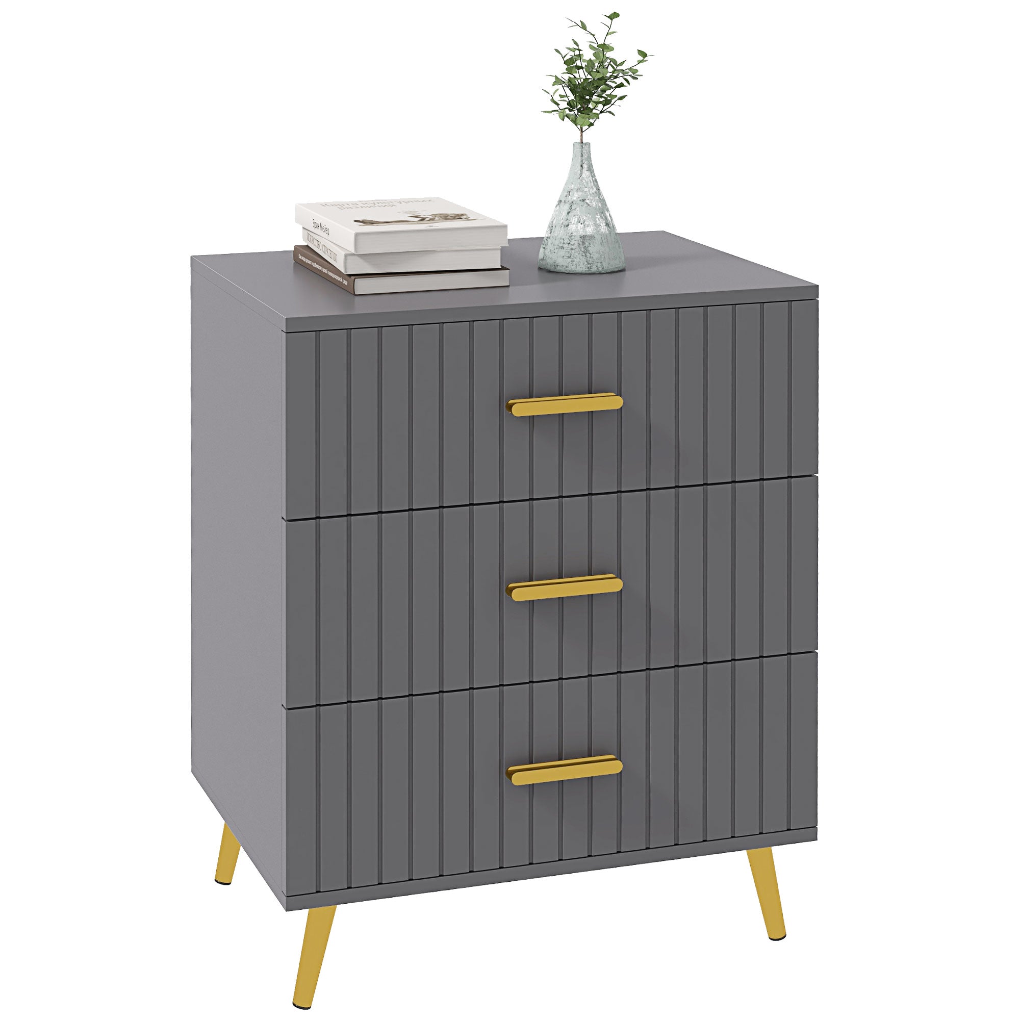 HOMCOM Three Drawer Embossed Line Dresser - Grey/Gold Tone - North Peak Garden Furniture