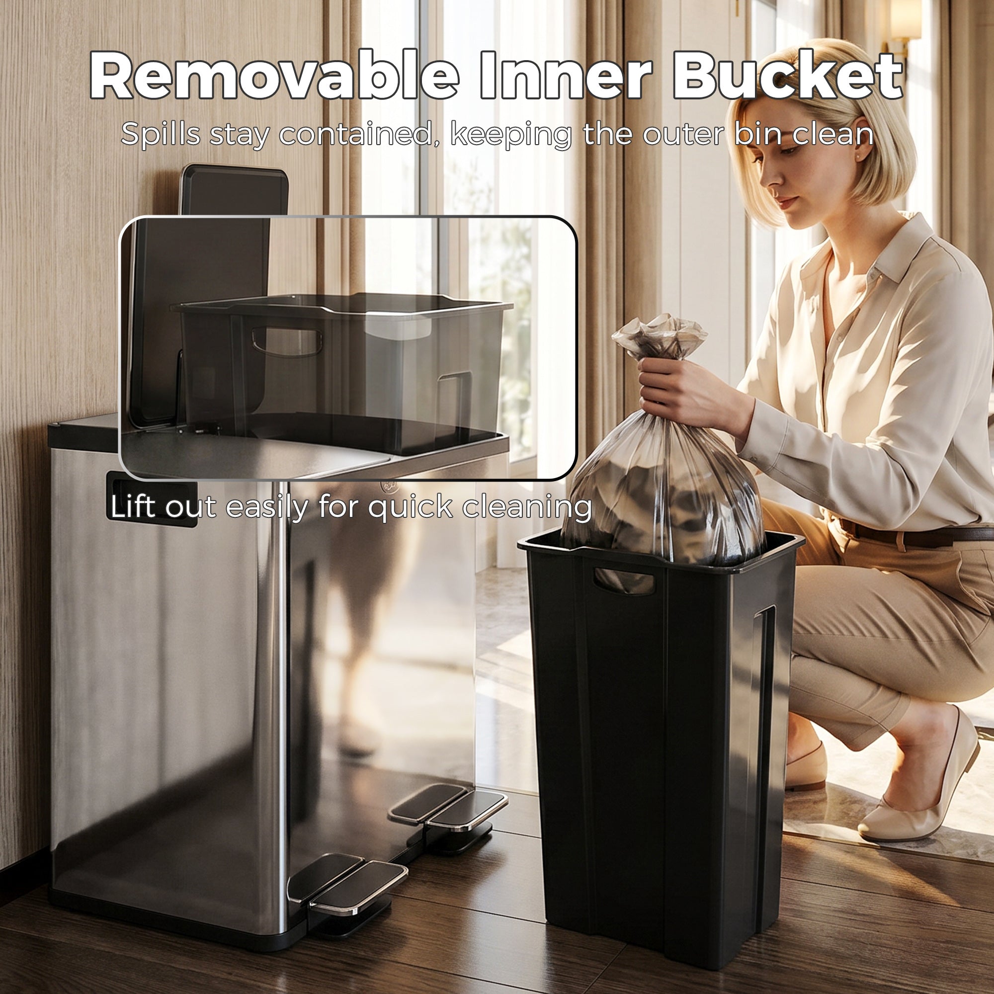 HOMCOM 40L Dual Compartment Stainless Steel Bin, with Deodoriser Holders - Silver Tone