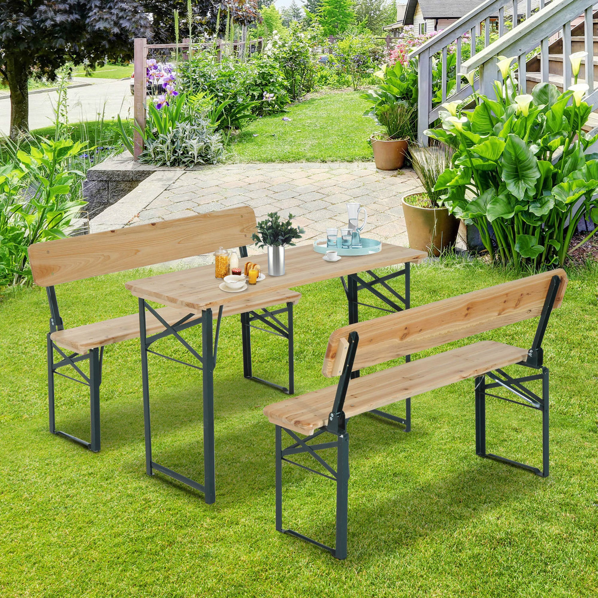 Outsunny Portable Folding Camping Picnic Trestle Beer Table and 2 Bench Set Wooden Garden Furniture Patio Dining Party BBQ Chairs Stools - North Peak Garden Furniture