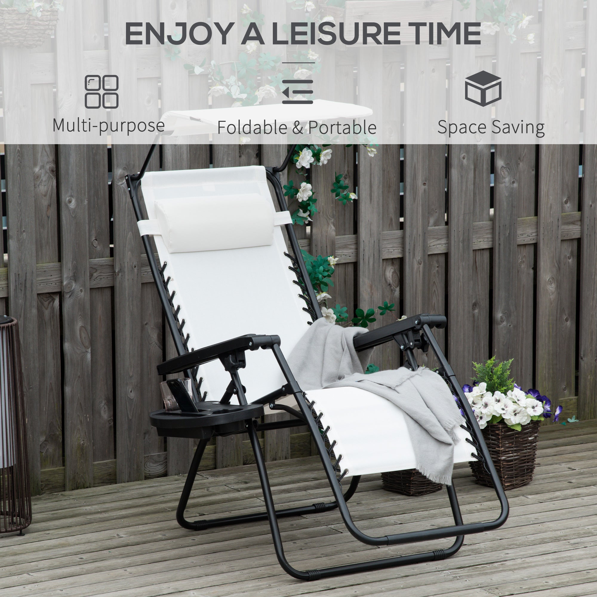 Outsunny Zero Gravity Garden Folding Patio Sun Lounger w/Cup Holder & Canopy Shade White - North Peak Garden Furniture