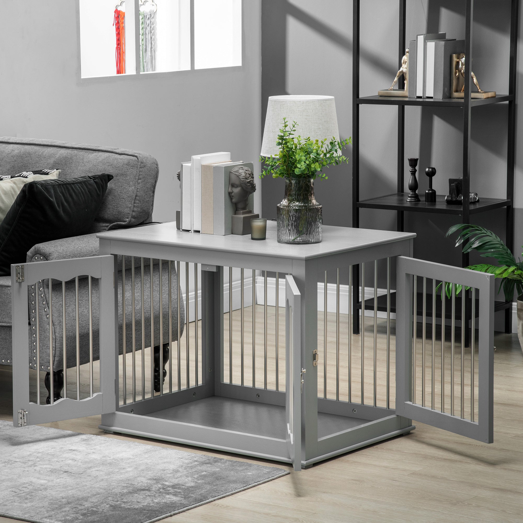 PawHut Dog Crate End Table Furniture Style Dog Cage w/ Three Doors, Locks and Latches - Grey - North Peak Garden Furniture