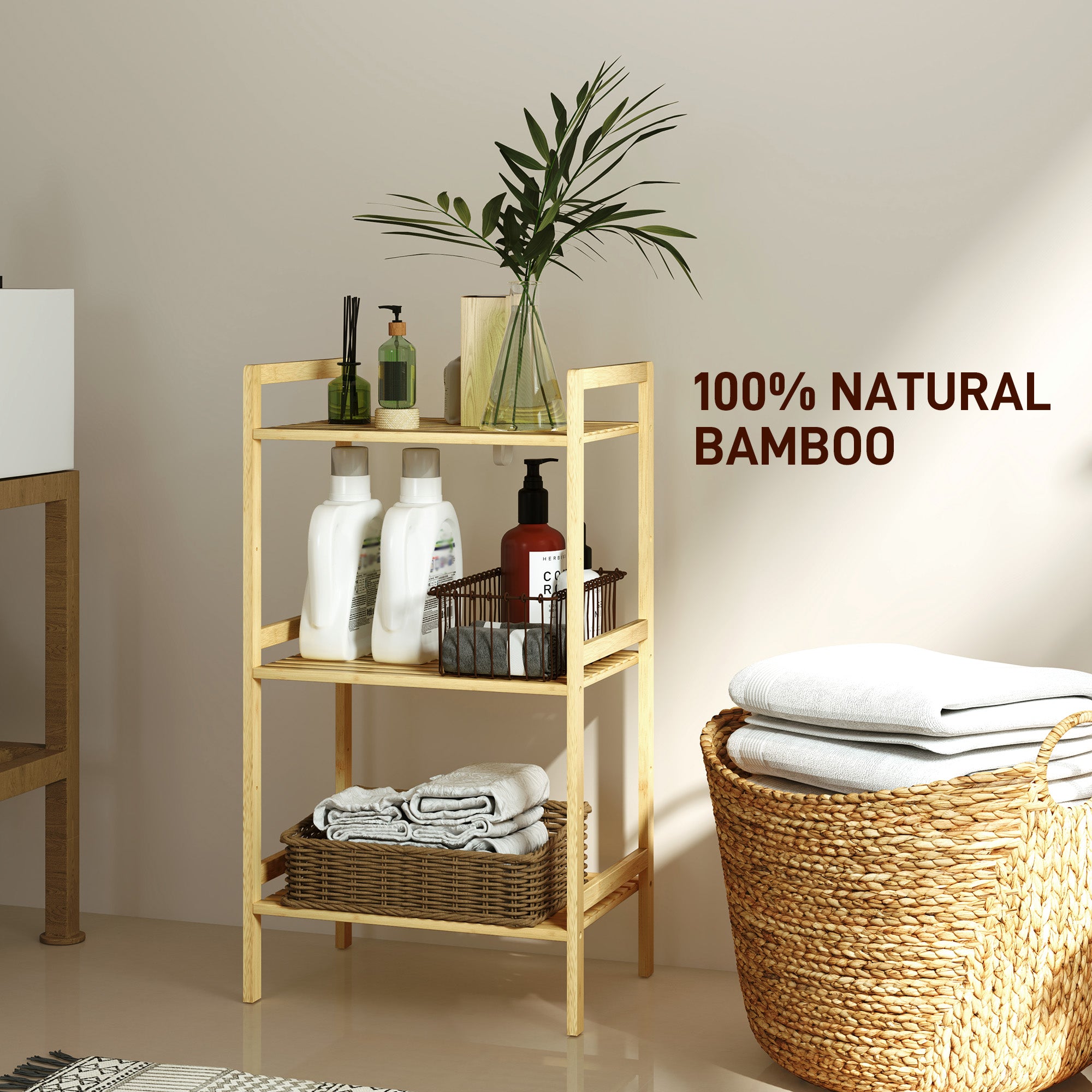 HOMCOM Three-Tier Bamboo Adjustable Shelf Storage Unit - North Peak Garden Furniture