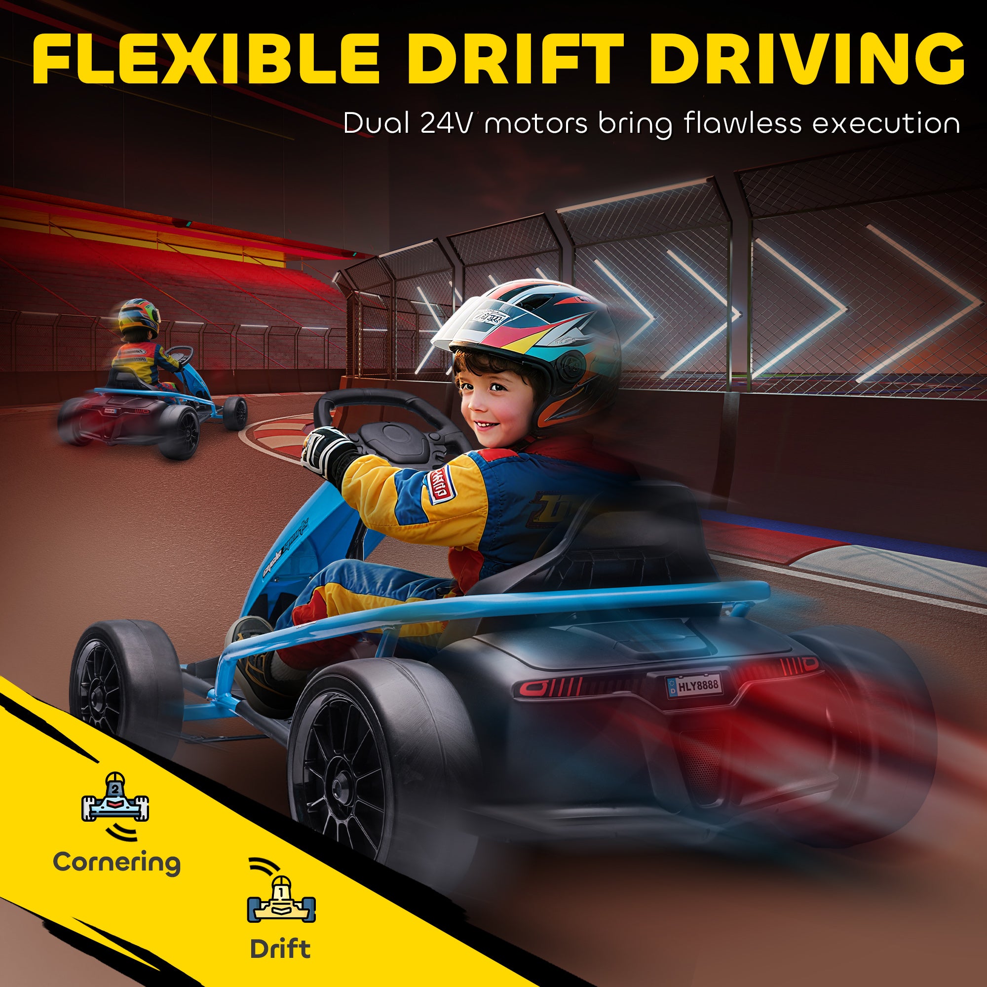 HOMCOM 24V Drift Kart, Electric Ride-On Racing Go Kart w/ 2 Speeds, Steering Wheel, Pedals for Kids Aged 8-12, Blue