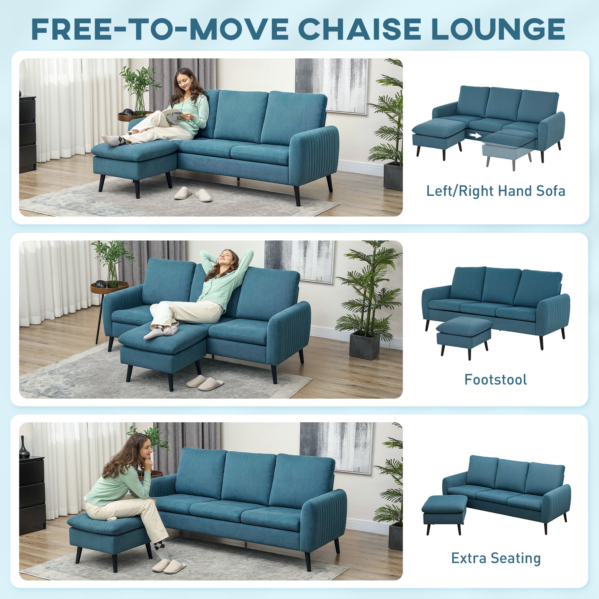 HOMCOM Corner Sofa with Reversible Chaise Lounge, Corduroy Fabric 3 Seater Sofa Settee for Living Room, L Shaped Couch with Scatter Back, Left/Right Hand, Blue - North Peak Garden Furniture
