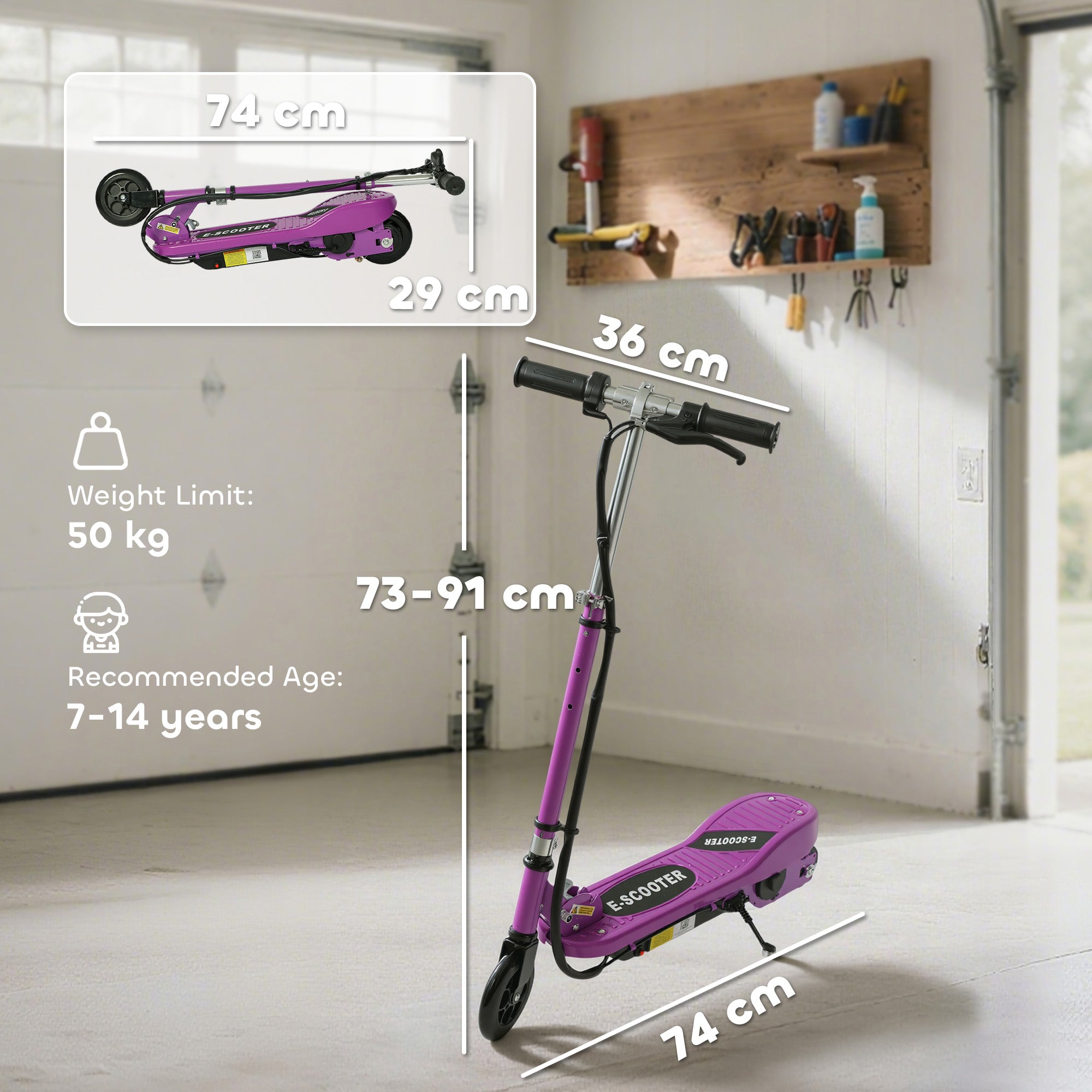 HOMCOM Foldable Electric Kids Scooter, Ride-on for Ages 7-14 Years, Purple