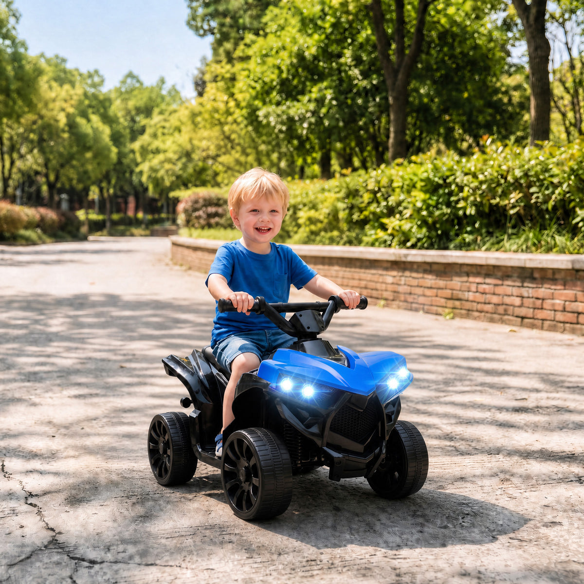 AIYAPLAY 6V Kids ATV, 4 Wheeler Electric Ride on Car with Music and LED Headlights, for Ages 18-56 Months Boys and Girls, Blue