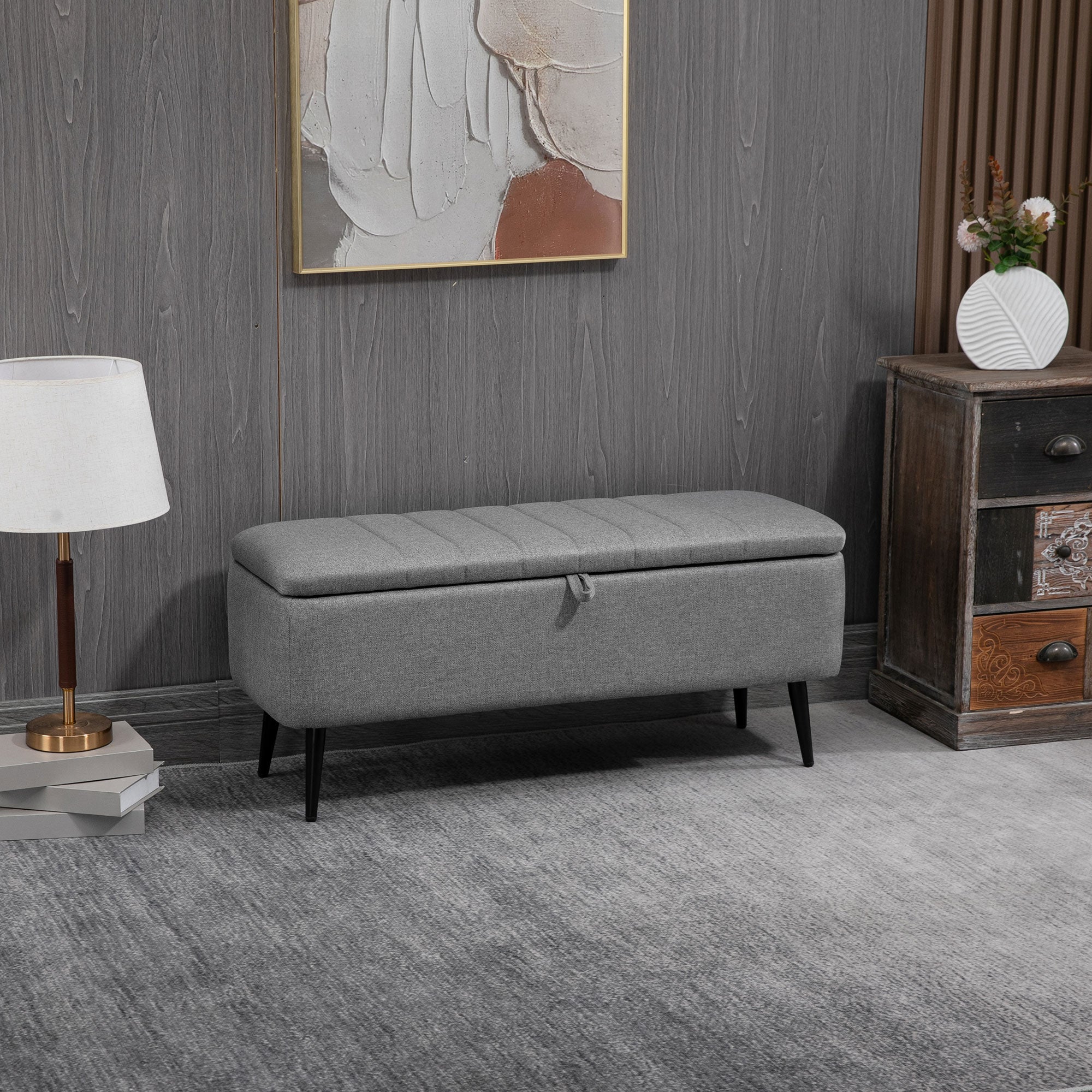 HOMCOM Storage Ottoman with Flip Top, Rectangular Upholstered Bench, Linen Fabric Footstool with Steel Legs for Living Room, Bedroom, Grey - North Peak Garden Furniture