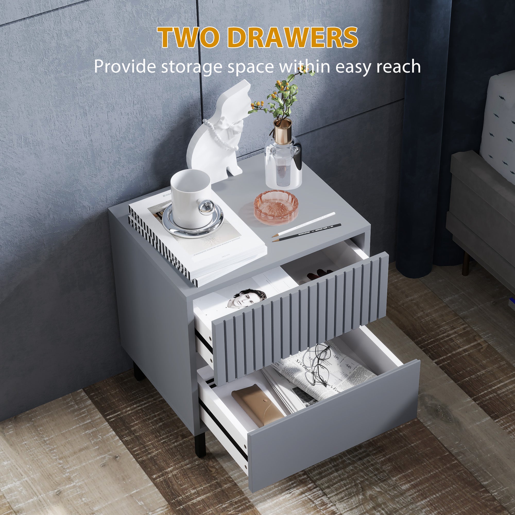 HOMCOM Simple Line Indented Two-Drawer Bedside Table - Grey - North Peak Garden Furniture