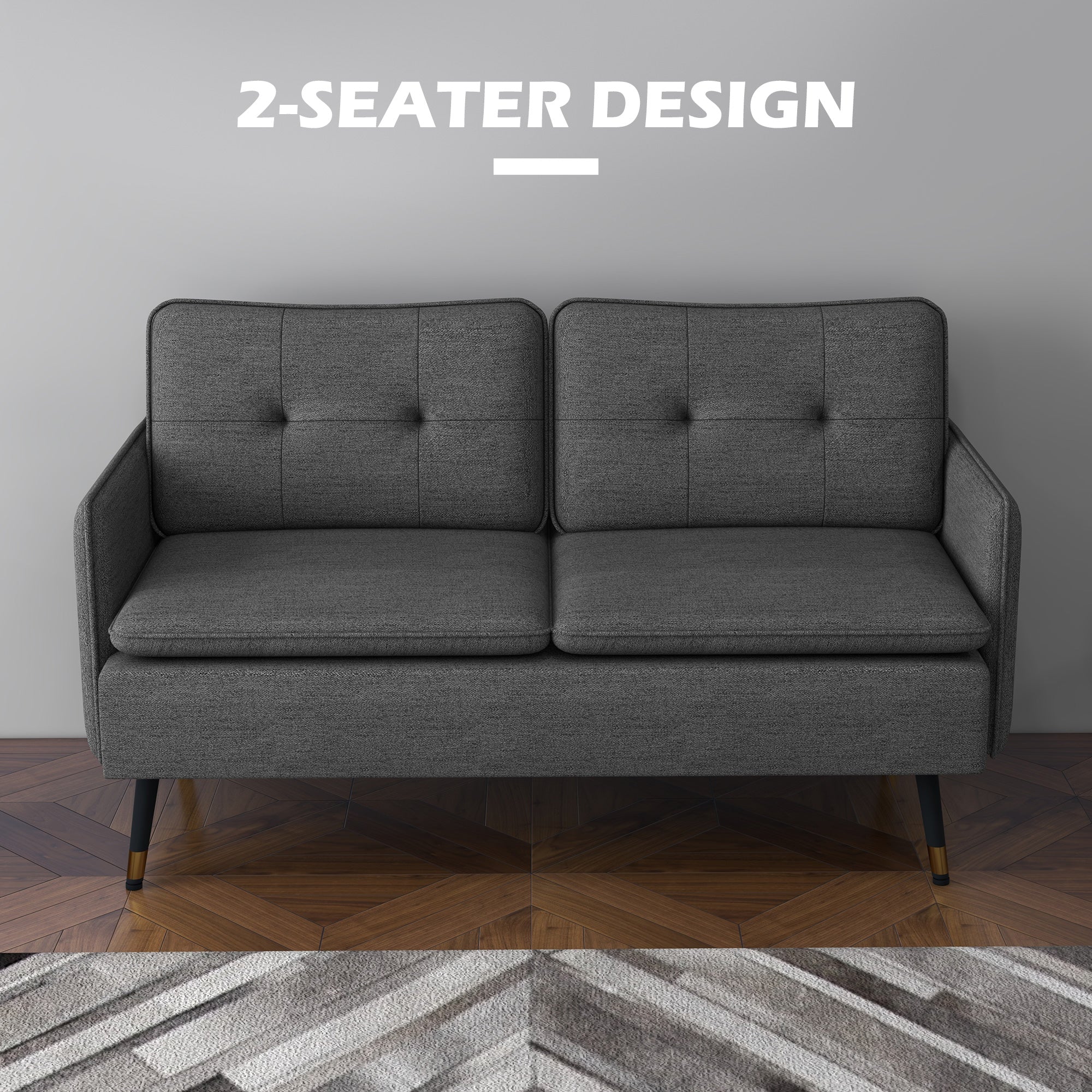 HOMCOM Modern Two Seater Sofa, Button Tufted Loveseat with Cushions and Steel Legs for Living Room, Guest Room, Dark Grey - North Peak Garden Furniture
