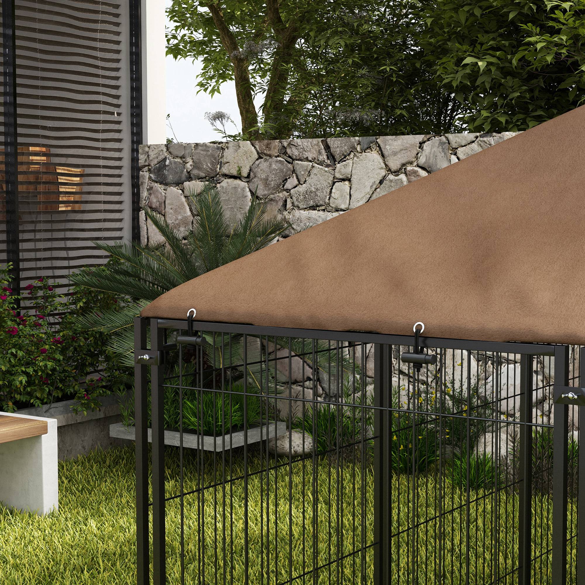 PawHut Outdoor Dog Kennel Puppy Play Pen with Canopy Garden Playpen Fence Crate Enclosure Cage Rotating Bowl 211 x 141 x 151 cm - North Peak Garden Furniture
