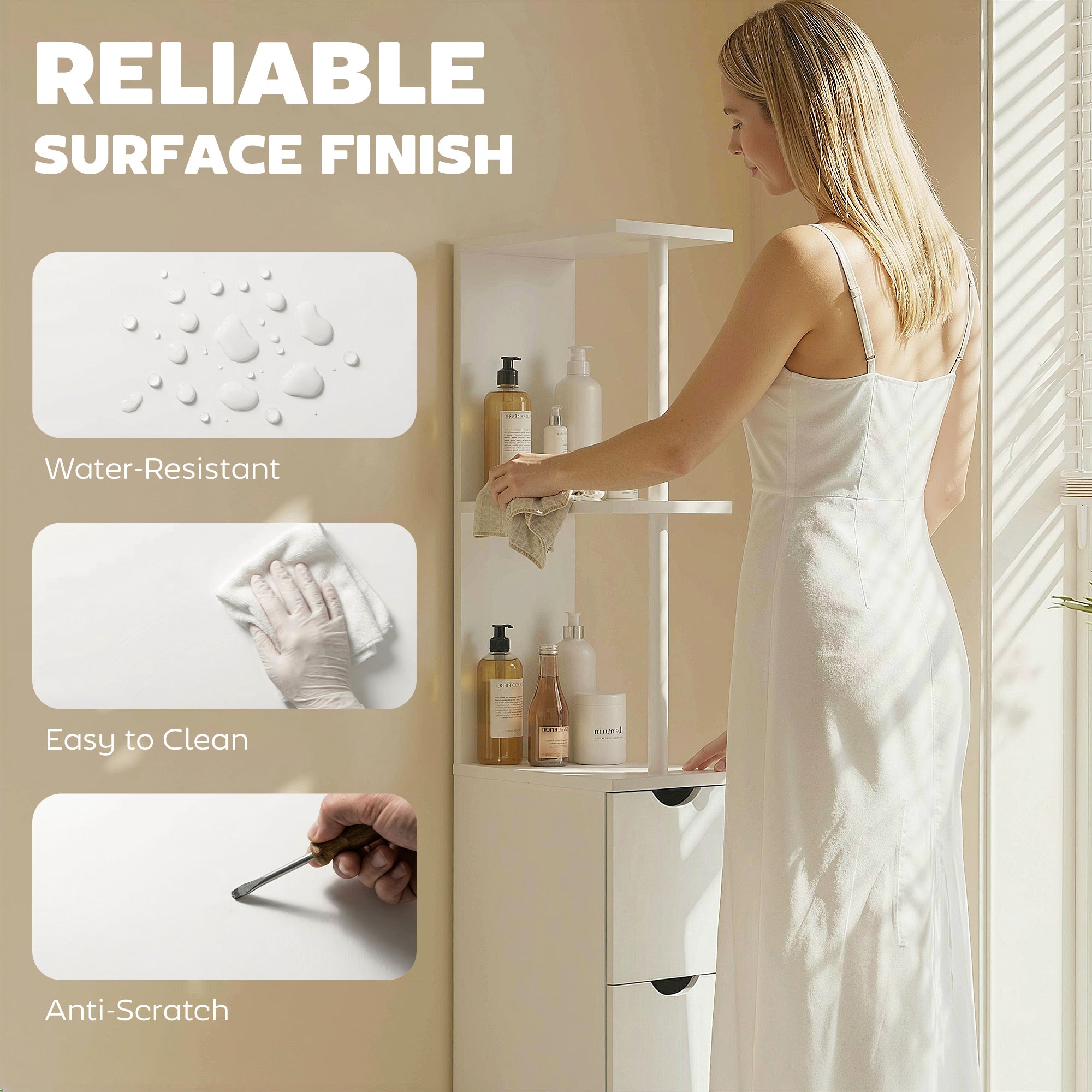 kleankin Slim Bathroom Storage Cabinet with Drawers, Tall Bathroom Cupboard with 2-Tier Shelf, White