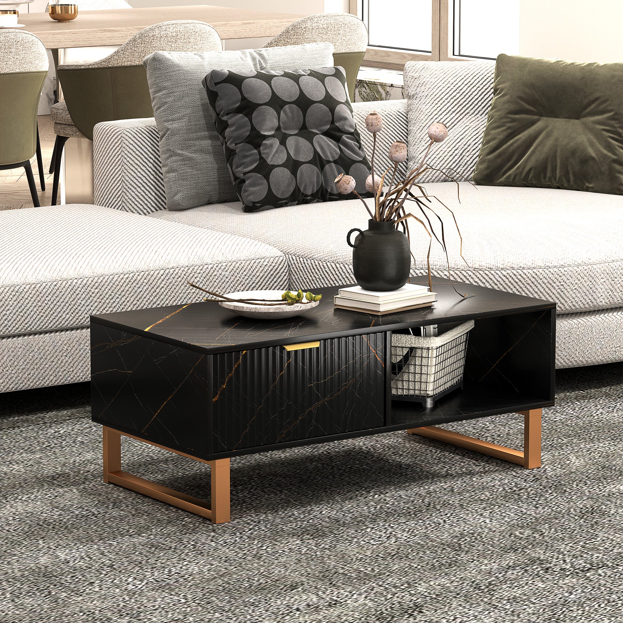 HOMCOM Elegant Marble Effect Storage Coffee Table - Black - North Peak Garden Furniture
